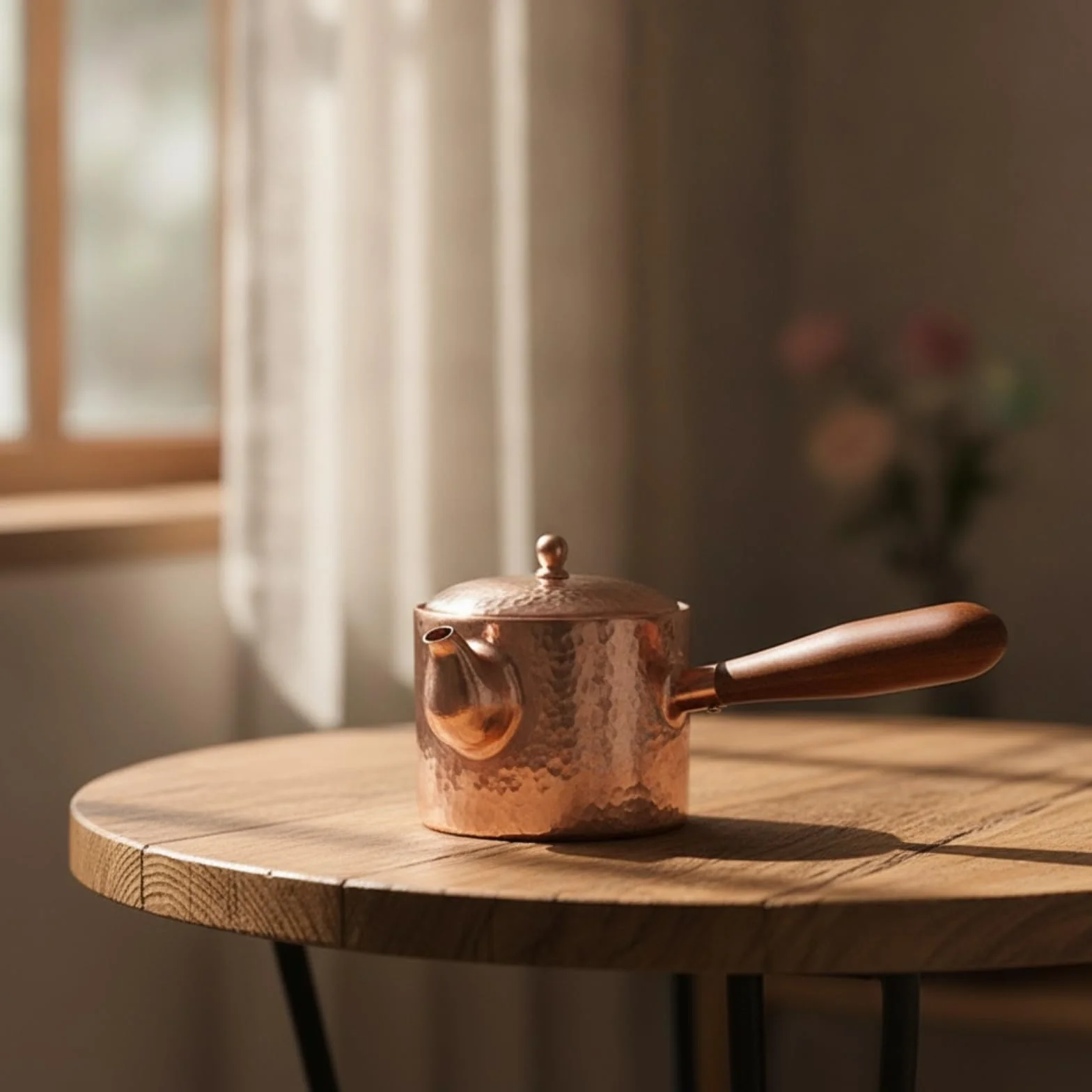 Tetera Cobre Estilo Clásico Tetera con Tapa Compacto Hervidor para Aficionados l Té, Mango De Madera