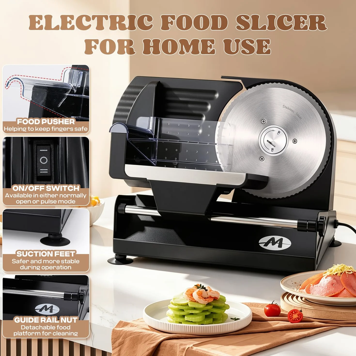 Moongiantgo Cortadora de Fiambre Casa Cortafiambres Eléctrico Profesional con 2x Cuchilla de Acero Inox Extraíble, Ø185mm, Regulador de Grosor 1-20mm, para Pan/Corte Jamon/Carne/Queso/Embutido (220W)