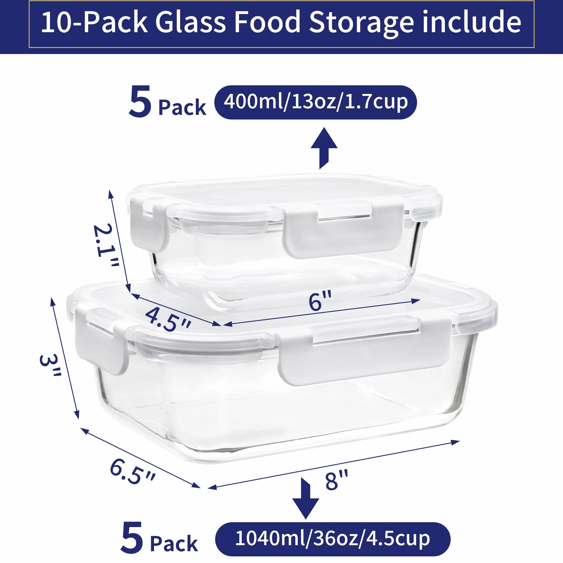 MFY Juego de 10 recipientes de cristal con tapa, herméticos, aptos para microondas, horno, congelador y lavavajillas, color blanco