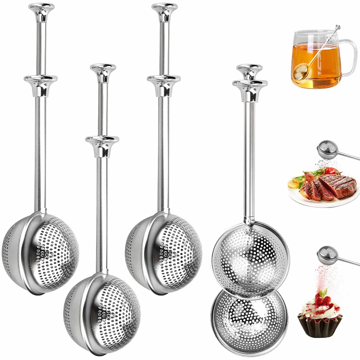 4 infusores de té de acero inoxidable para hojas sueltas, colador de té de malla fina 2025, accesorios de té, varita de polvo para hornear, sacudidor de azúcar (4 piezas)