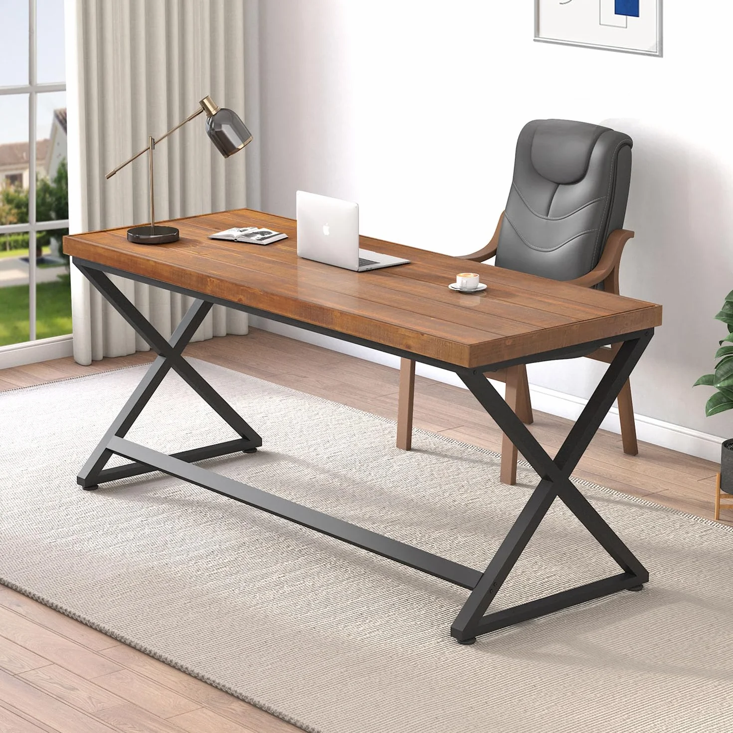 IBF Escritorio de madera maciza, 140 cm, mesa de ordenador con estructura de metal, rústico, para oficina, salón, dormitorio, estudio, marrón