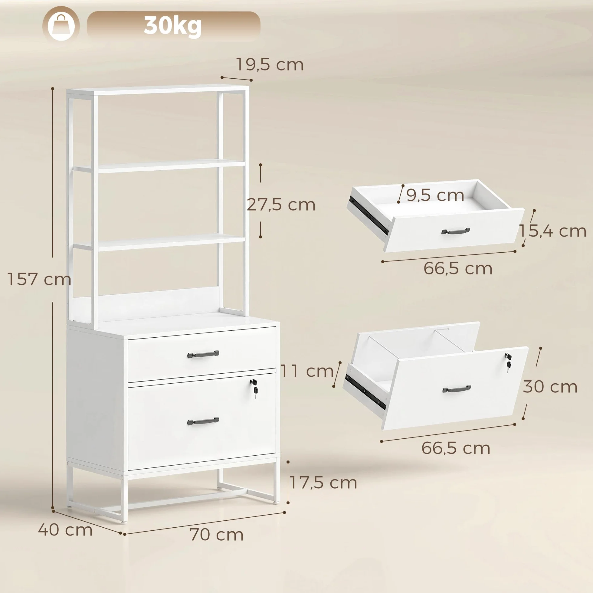 HOMCOM Cajonera Escritorio con Estantería, Mueble Archivador con 2 Cajones, Encimera para Impresora, Cerradura, para A4 Letter Legal, para Oficina, Estudio, Blanco
