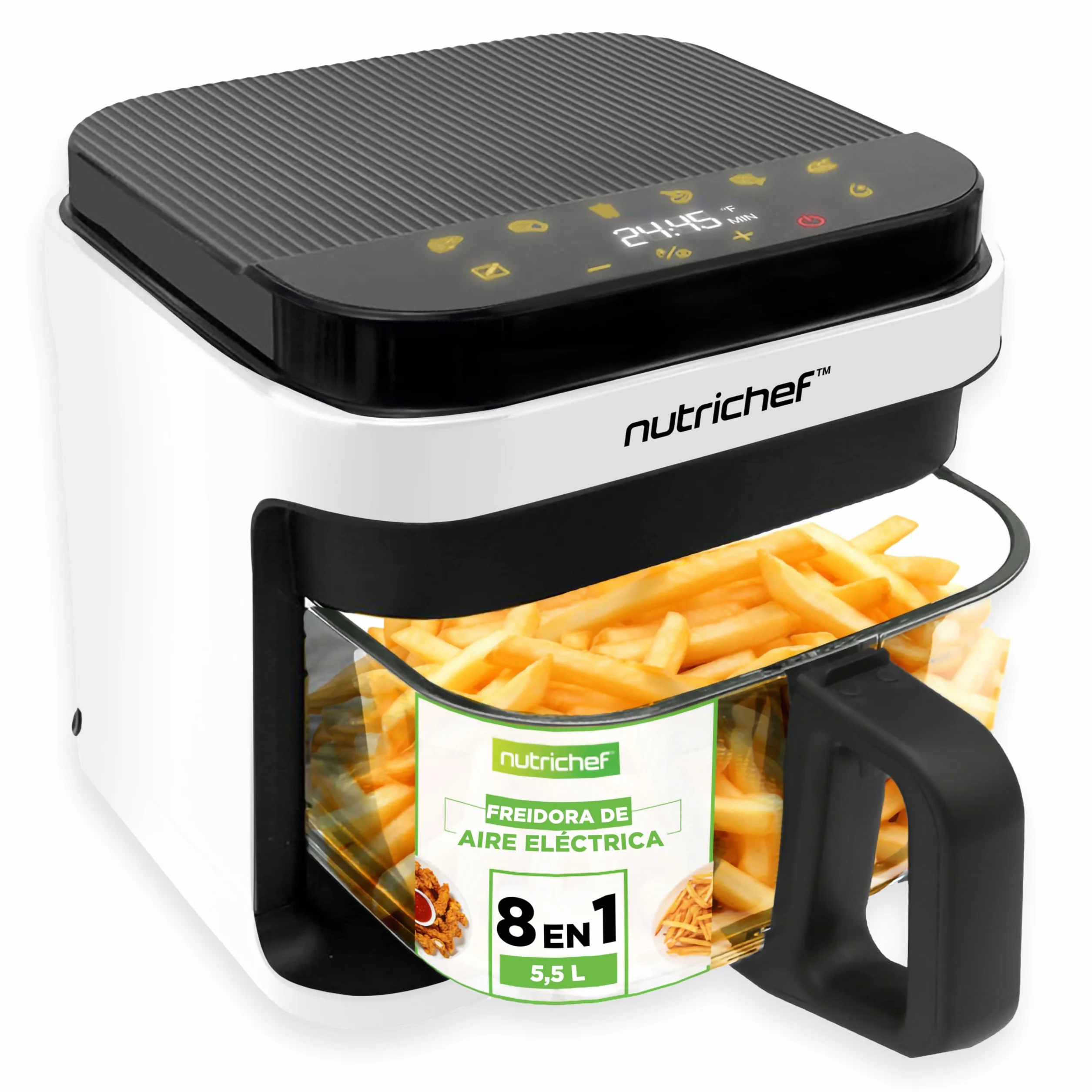 Nutrichef Freidora de Aire, 5.5L, 8 Modos de Coccion Preestablecidos, Recipiente Transparente, Control Preciso de Temperatura y Tiempo
