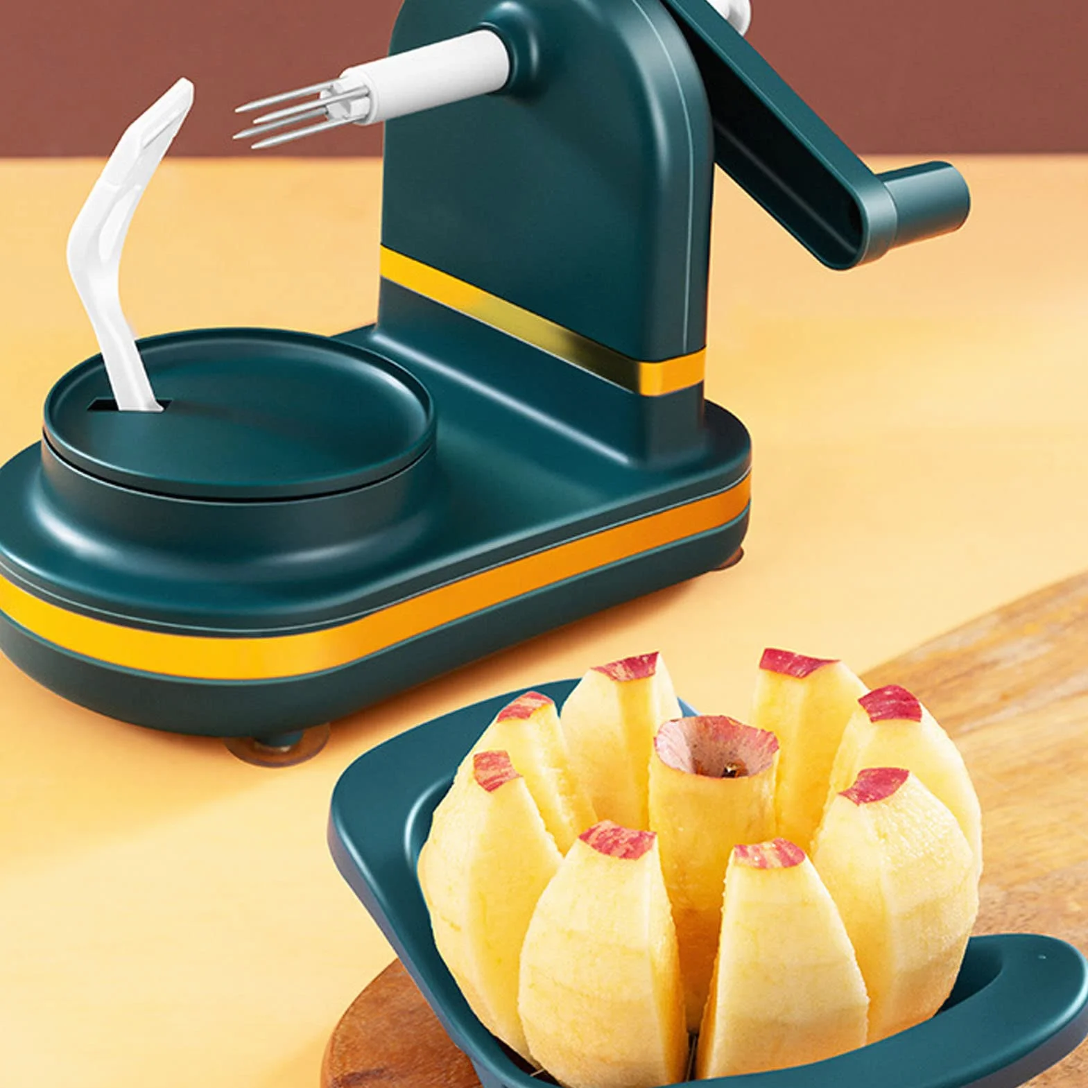 Pelador Manual de Manzanas, Cortador de Peras con Base de Succión y Cuchilla de Acero Inoxidable Verde Oscuro