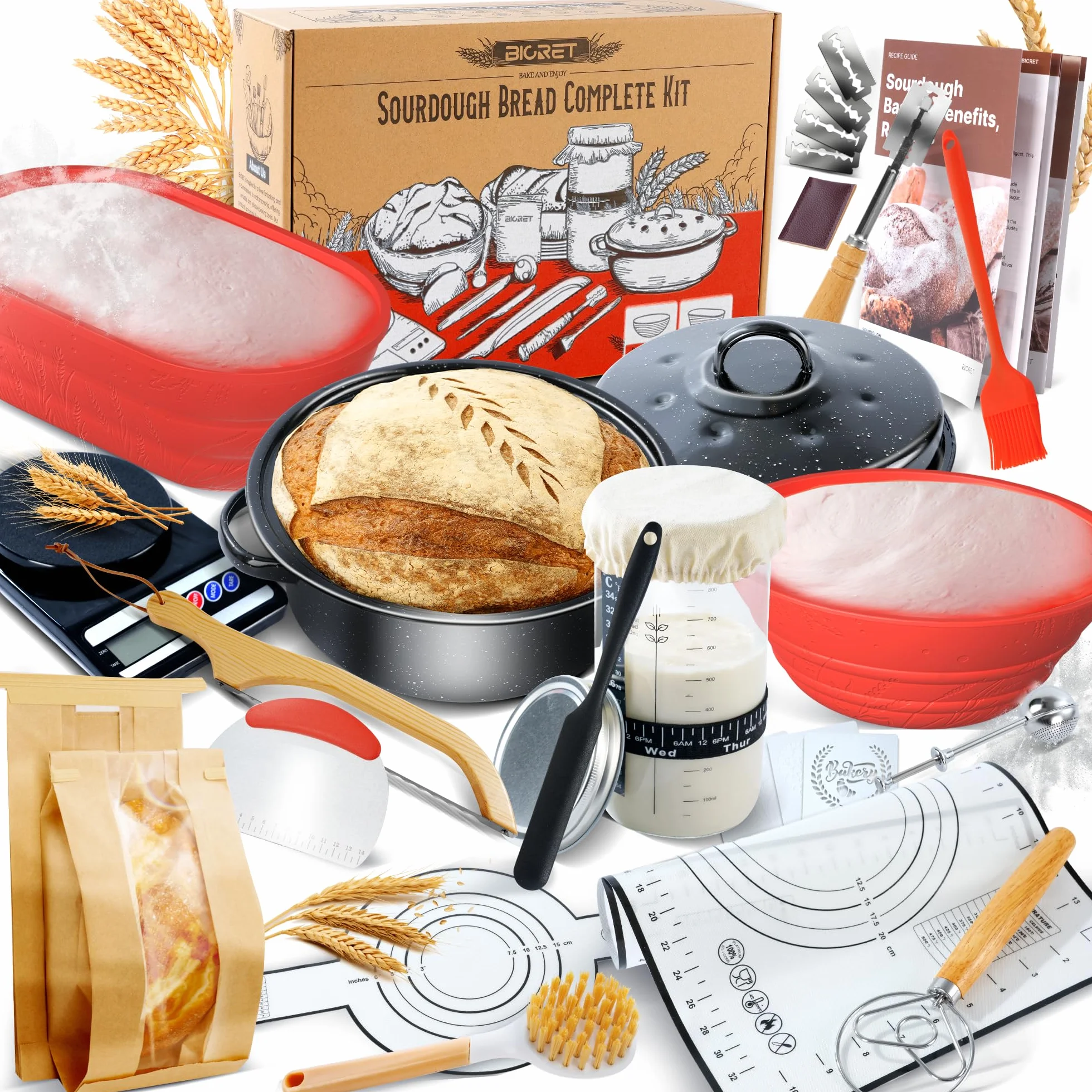Masa fermentada, pan, horneado con olla de esmalte de alta calidad y cesta de arroz, pan, naturaleza, pan de centeno, cesta de arroz, set redondo, juego de bandejas de mano, adecuado para panaderos