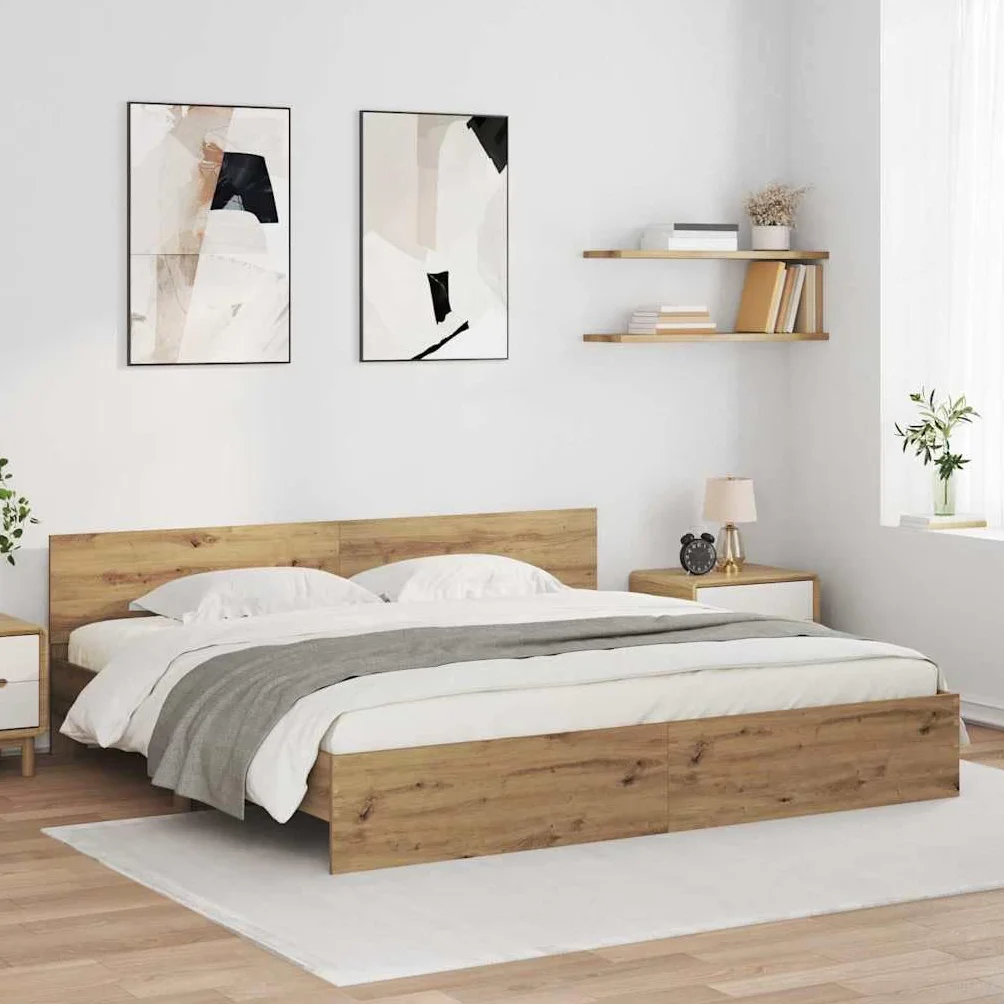 Marco de cama de roble Artisan de madera de 200 x 200 cm con somier y tiras LED para dormitorio de matrimonio con cabecero e iluminación moderna