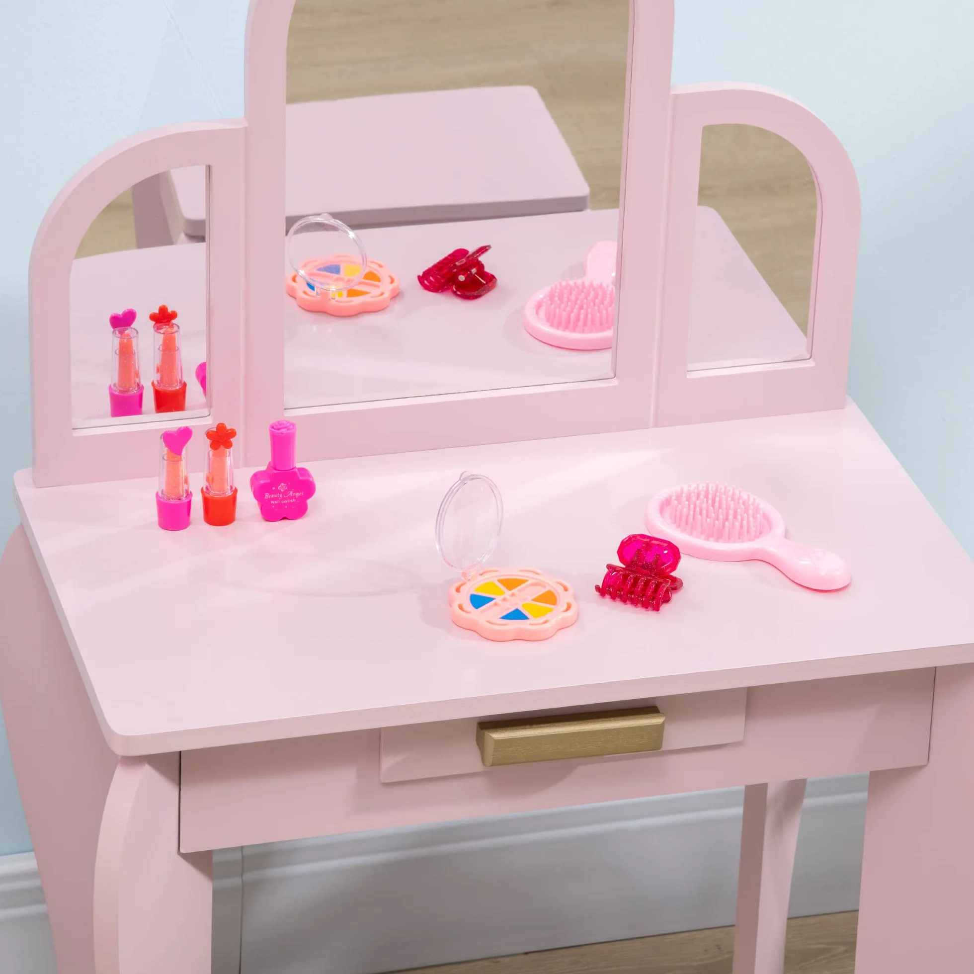 HOMCOM Tocador Infantil con Espejo y Taburete de Maquillaje Madera Rosa para Niñas 3-6 Años