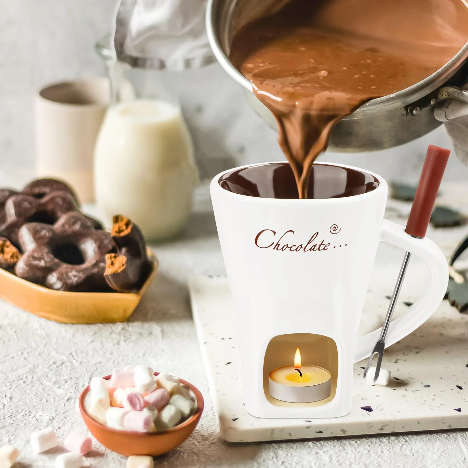 Juego de fondue de chocolate de cerámica 200 ml con tenedor y vela de té