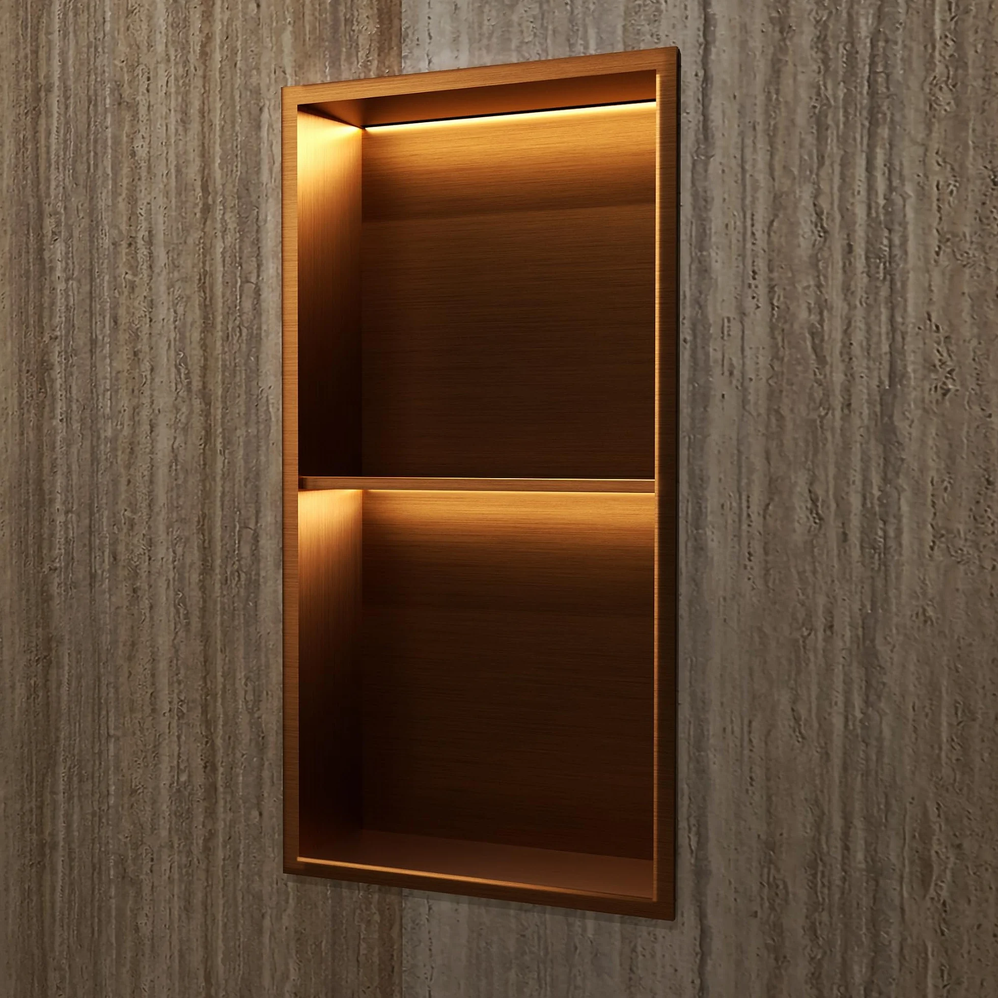 IMEX - Nicho de Ducha Empotrable con Luz LED 33x63cm Oro Rosa Cepillado | Hornacina Ducha con Dos Estantes de Acero Inoxidable S.304 | Hornacina Baño Empotrada a Pared de 10cm de Profundidad