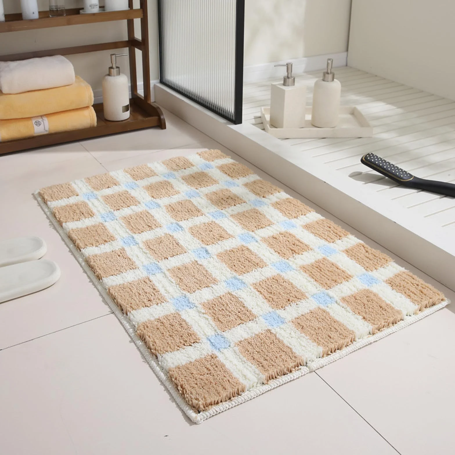 Alfombra de baño de microfibra suave de 40 x 60 cm, antideslizante, con ausencia de agua, color marrón, azul y blanco, alfombra gruesa y lavable rápida para una mejor calidad