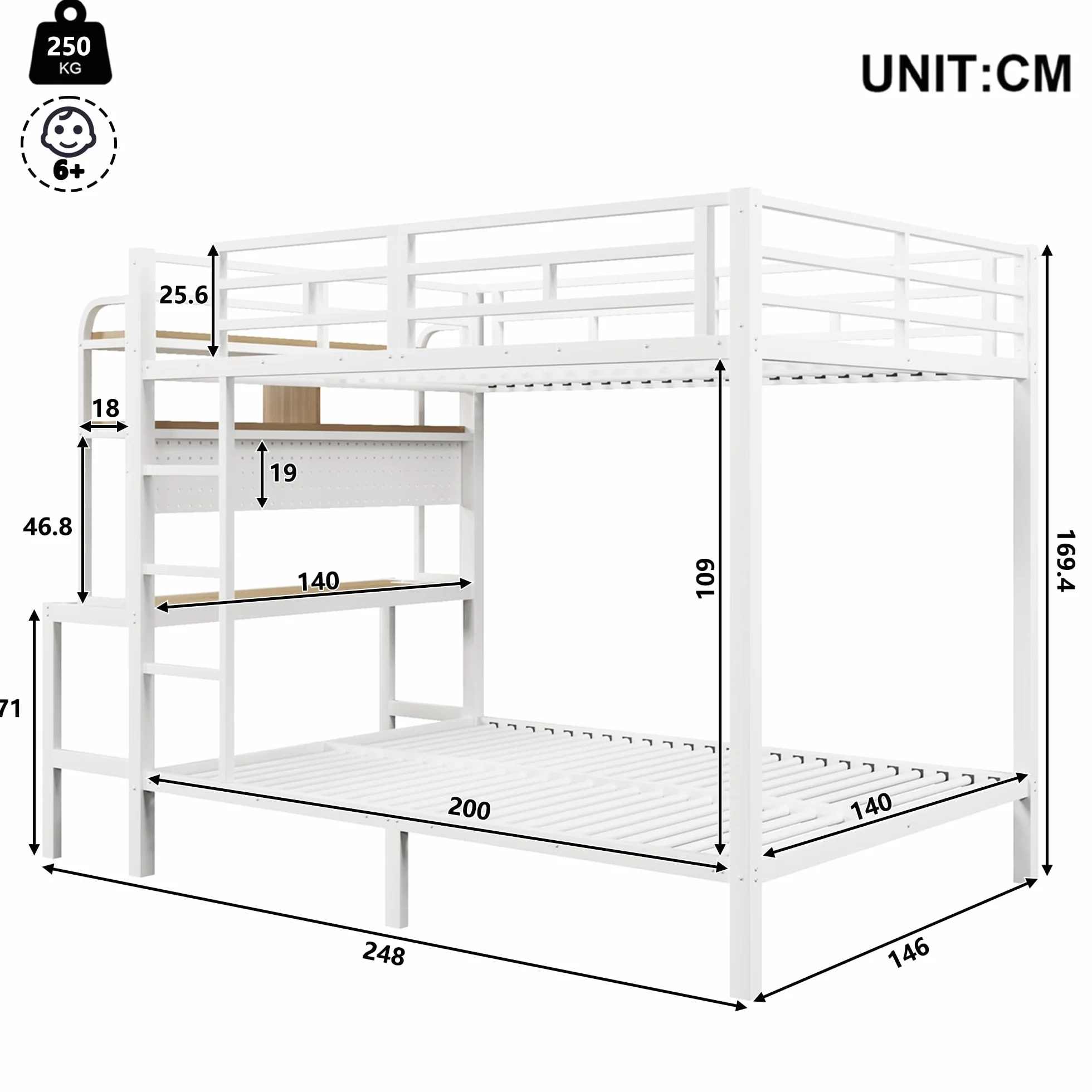 Litera de metal de 140 x 200 cm, con tira de luz LED y conector USB, escritorio, barandilla de seguridad, escalera, marco de hierro, cama alta para niños y jóvenes, sin colchón