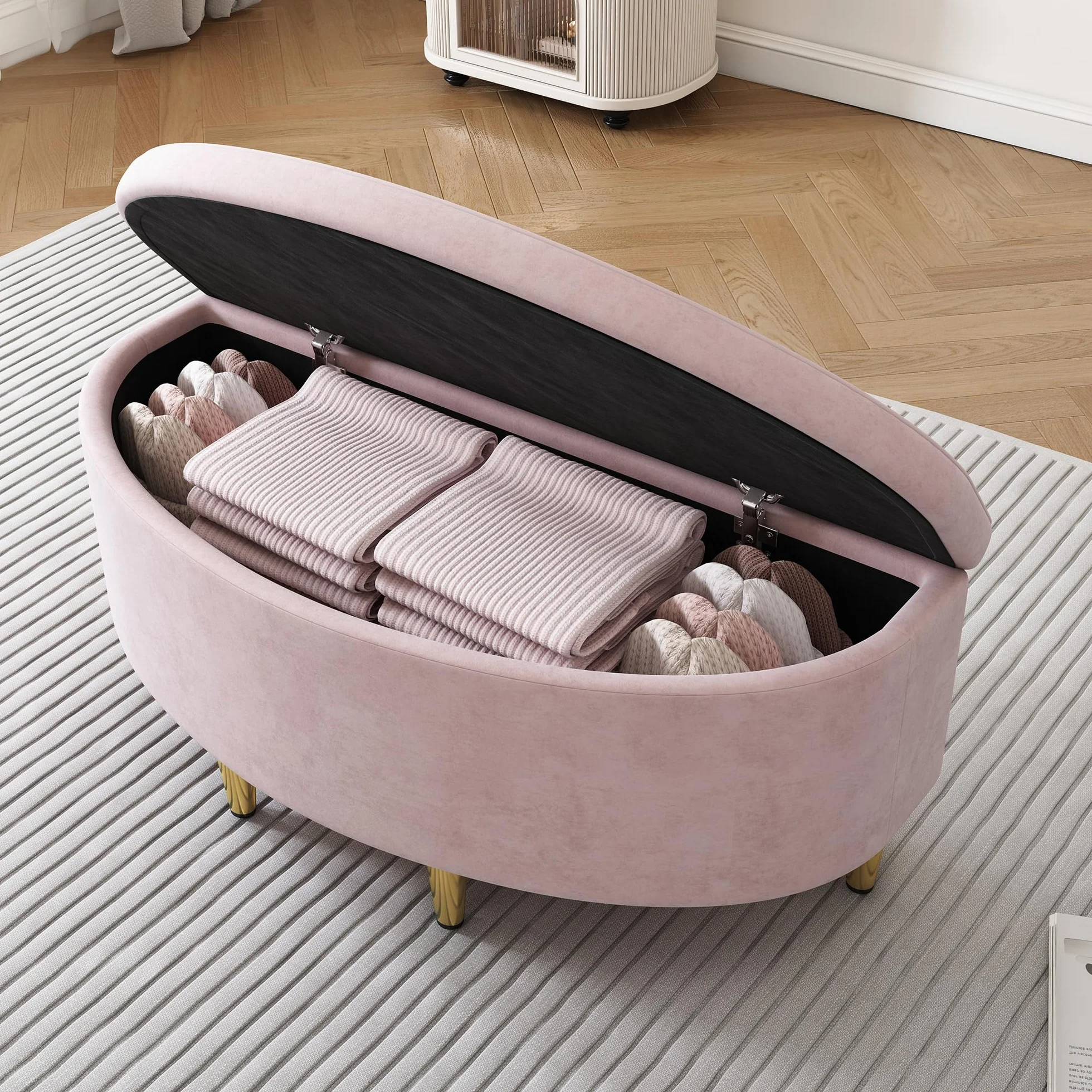 Banco tapizado en terciopelo con caja de almacenamiento, acolchado con espacio adicional, reposapiés metálico, ideal para pasillo, salón o dormitorio, 90 x 40 x 42 cm