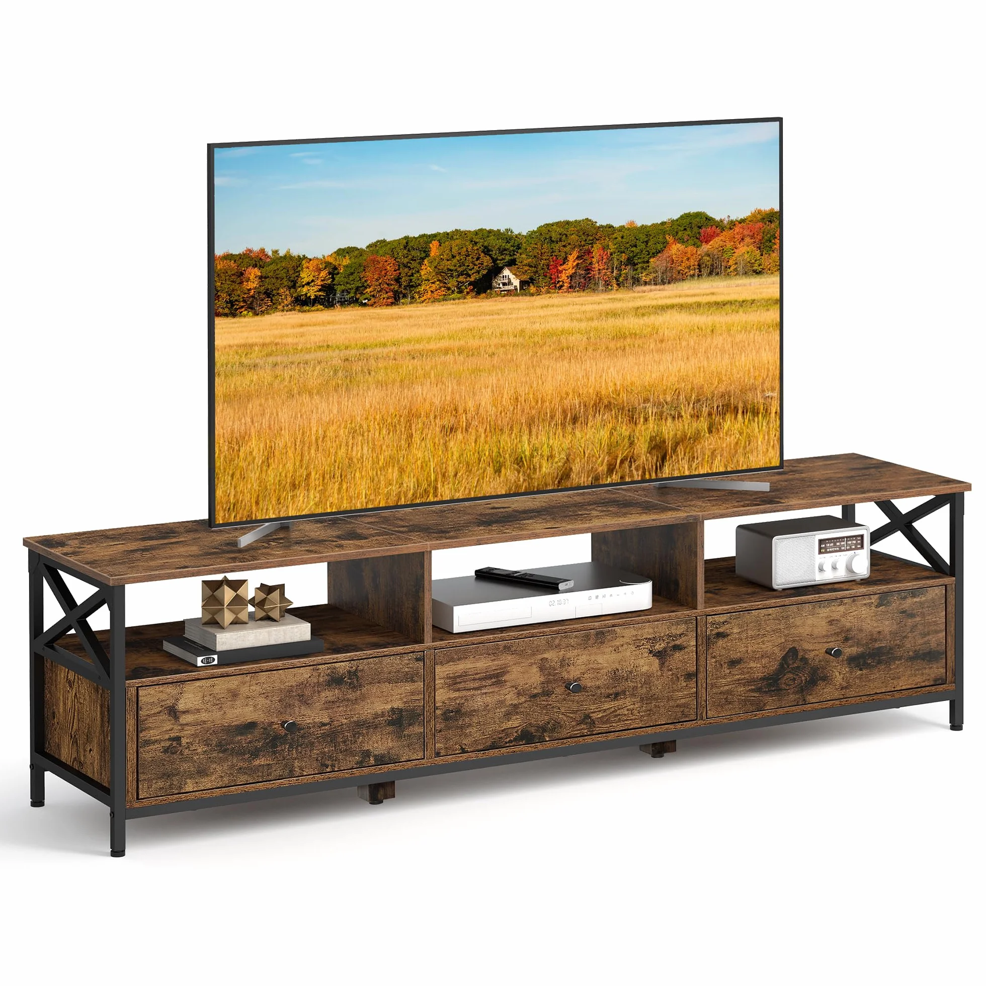 VASAGLE Mueble de TV, Mesa de TV de hasta 80 Pulgadas, con 3 Cajones de Tela y 3 Compartimentos Abiertos, 178 x 40 x 50 cm, para Salón, Dormitorio, Marco de Acero, Marrón Rústico y Negro LTV303KD01