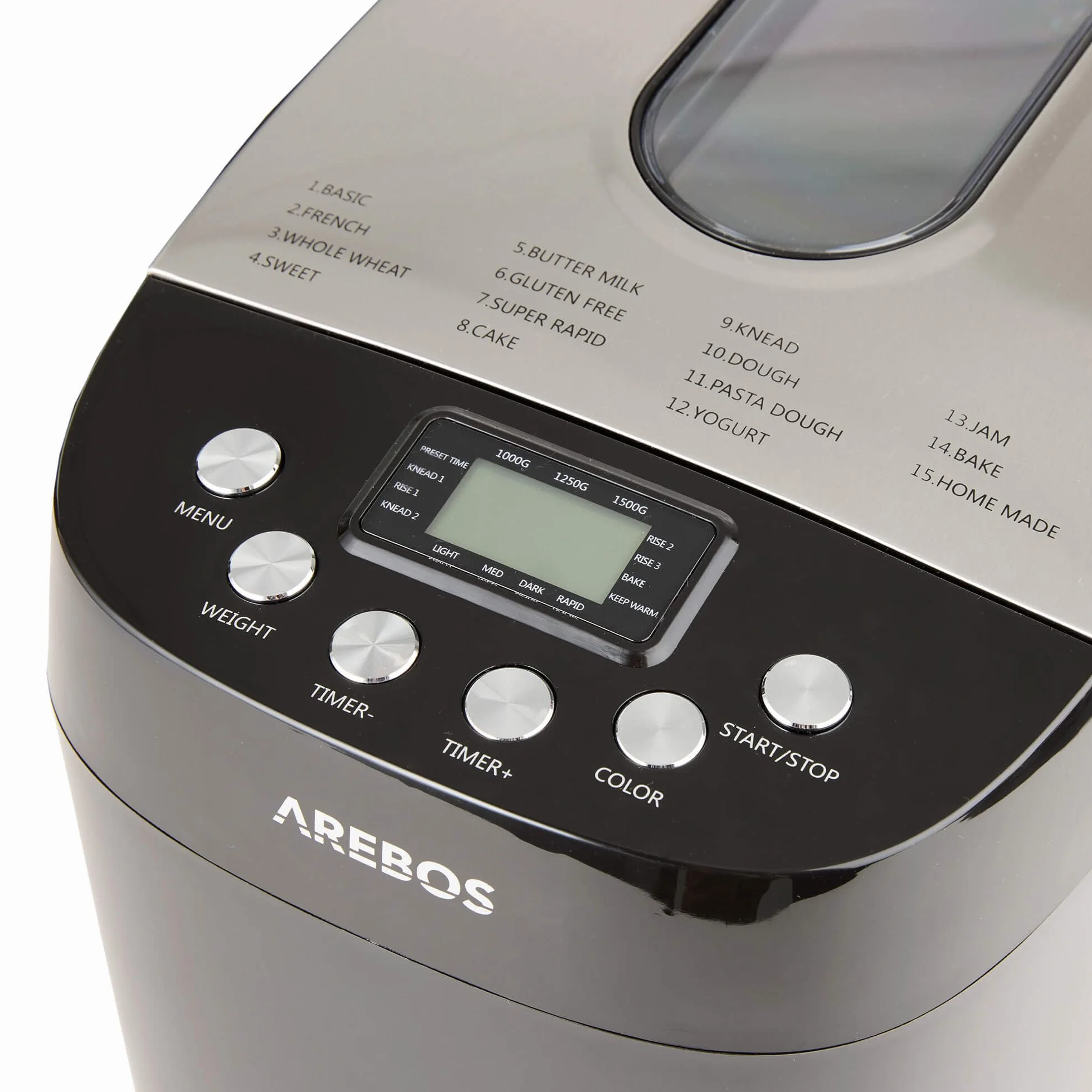 Arebos Panificadora 1500 g | con 15 programas | 2 ganchos para amasar | temporizador | pantalla LCD | 3 niveles de tostado y tamaños de pan | 850 W | Negro