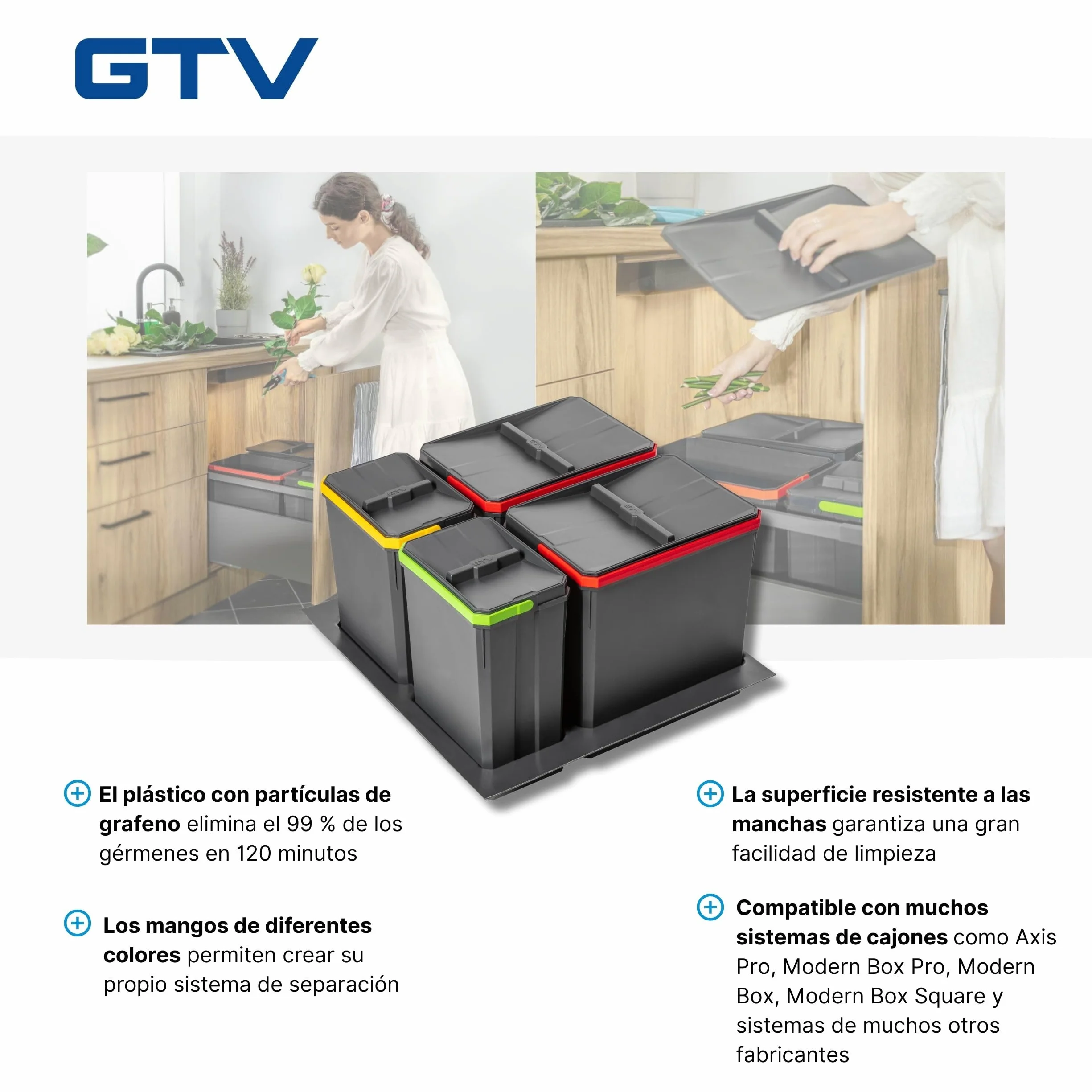 GTV - Juego de cubos de basura AxiSpace para cajones y armarios con ancho de 600 mm, juego compuesto por 2 recipientes de 15 l, 2 x 7 l, cubo de basura de plástico con partículas de grafeno, color