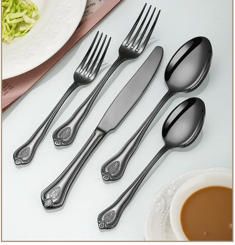 Genérico Juego De Cubiertos De Acero Inoxidable, Cubiertos De Acero Inoxidable 304, Juego De Cuchillo Y Tenedor para Carne Duradero, Cubiertos De Banquete Multifuncionales (Black 5 Pieces for 1)