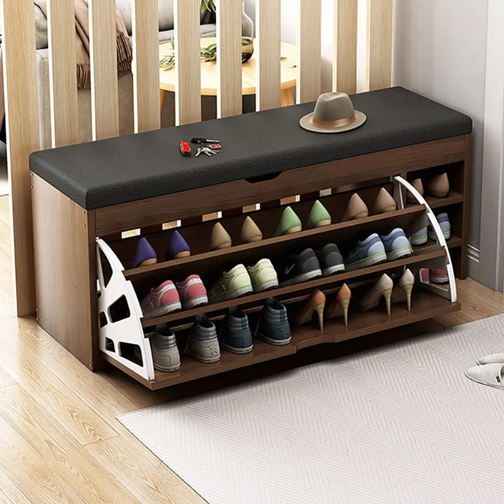 Banco Zapatero para Ahorrar Espacio de Madera con Puerta abatible, Triple Profundidad y Asiento de Piel sintética, Pasillo Multifuncional Armario Zapateros Baúl 100x30x50cm(Blanco)