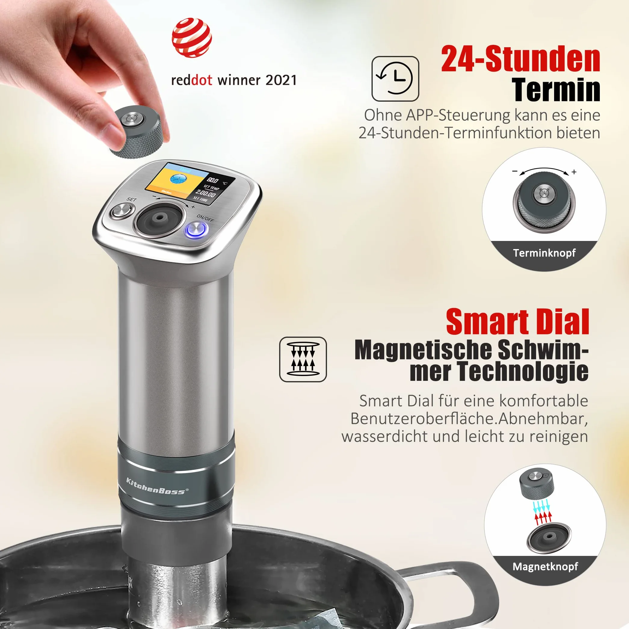 KitchenBoss Sous Vide Roner |1100w |230V |Color LCD |IPX7 Impermeable |Motor CC sin Escobillas |Máquina de Cocción (G320/DE)