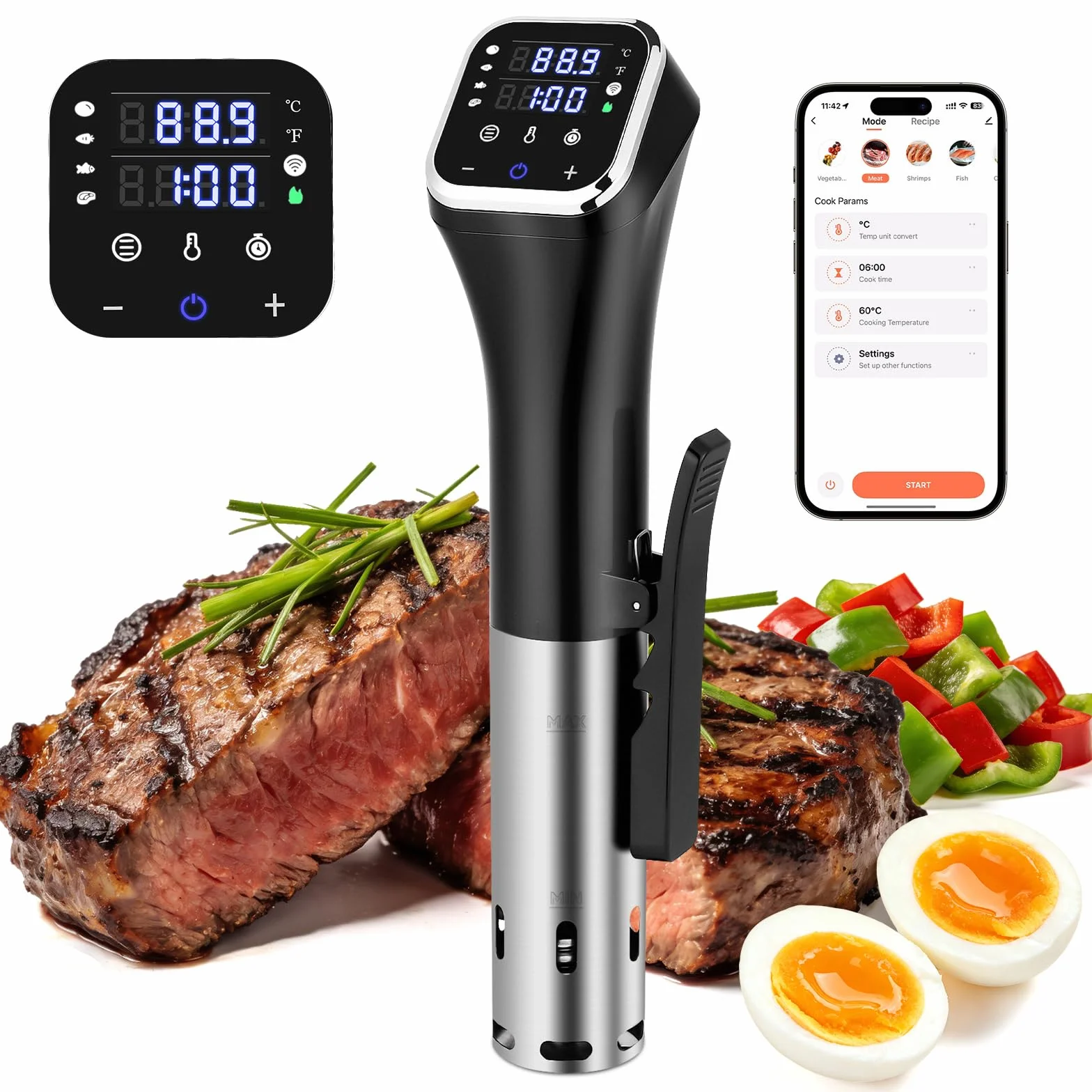 Cocina Sous Vide WiFi de 2.4 G, circulador de inmersión de precisión de 1100 W con control de temperatura de ±0.-17.2 °C, IPX7 impermeable, funcionamiento silencioso, pantalla LED y 4 protecciones de