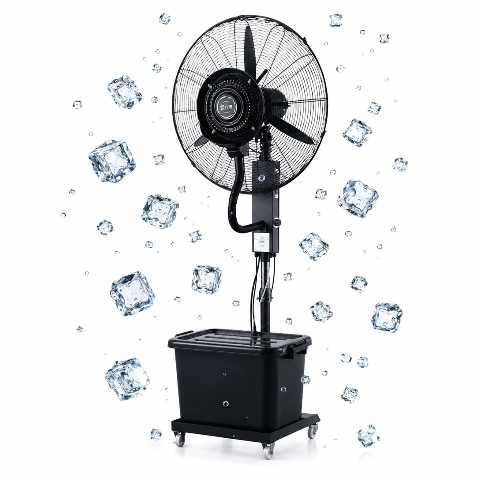 Ventilador Nebulizador de Pie con Depósito de 42L, Ventilador Enfriador con Tanque de Agua, 3 Velocidades, Regulable en Altura, Apto para Jardín, Terraza, Bares y Restaurantes.
