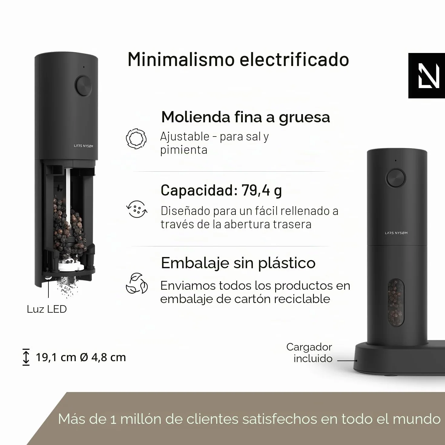 LARS NYSØM Juego de Molinillos Eléctricos de Sal y Pimienta | Molinillos Automáticos con Molino de Cerámica Ajustable | Recargables por USB (Carbon Black)