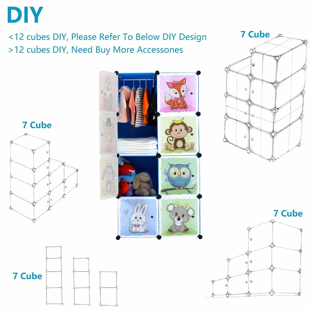 BRIAN & DANY Armario Modular Infantil de Puertas con Motivos de Animales Estanterías por Módulos Armario de Almacenaje, Azul, 75 x 47 x 147 cm