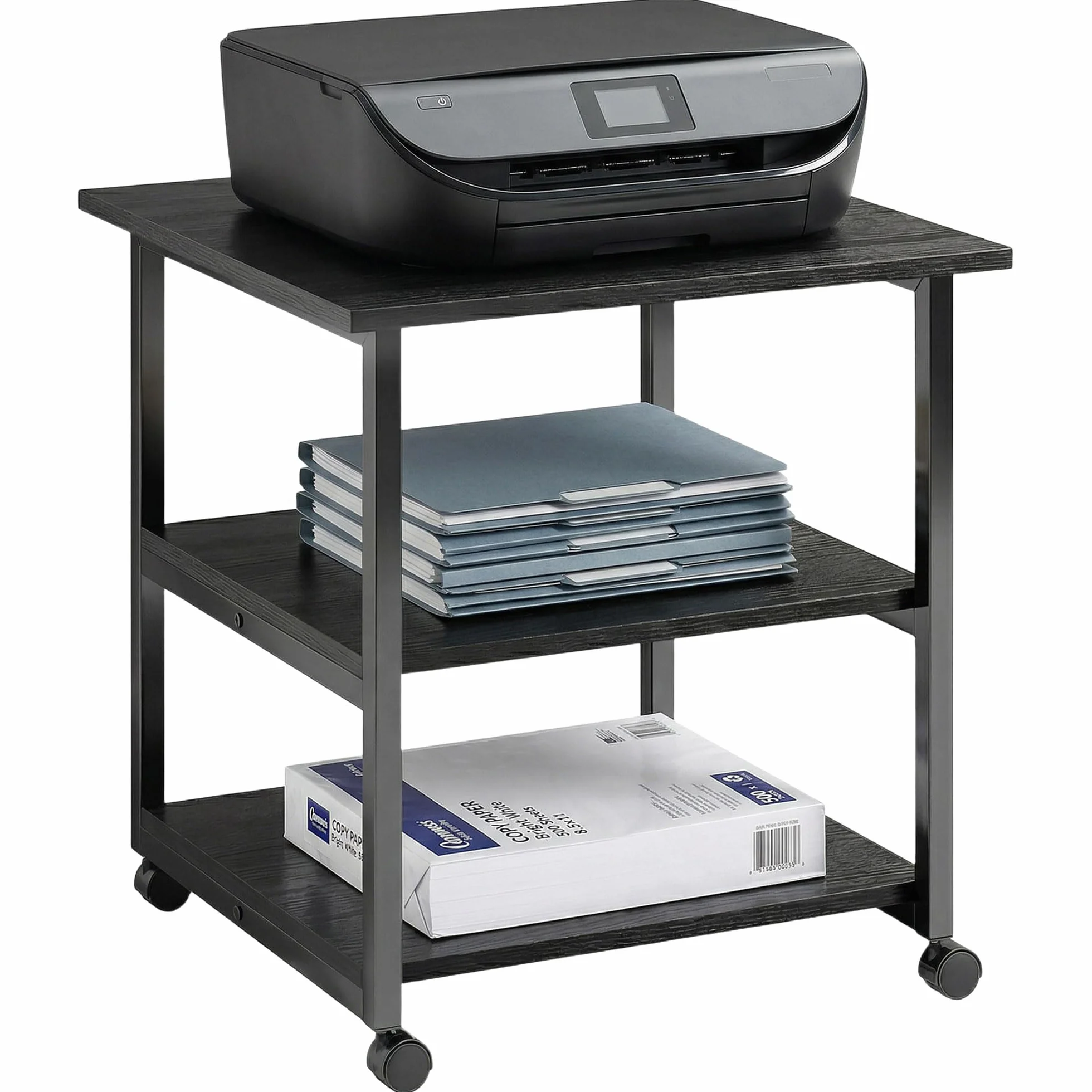 HOMCOM Soporte Impresora 3 Niveles, móvil, 50x50x52,5 cm, Negro | Mesa para impresora con ruedas, Carrito rodante, para Home Office