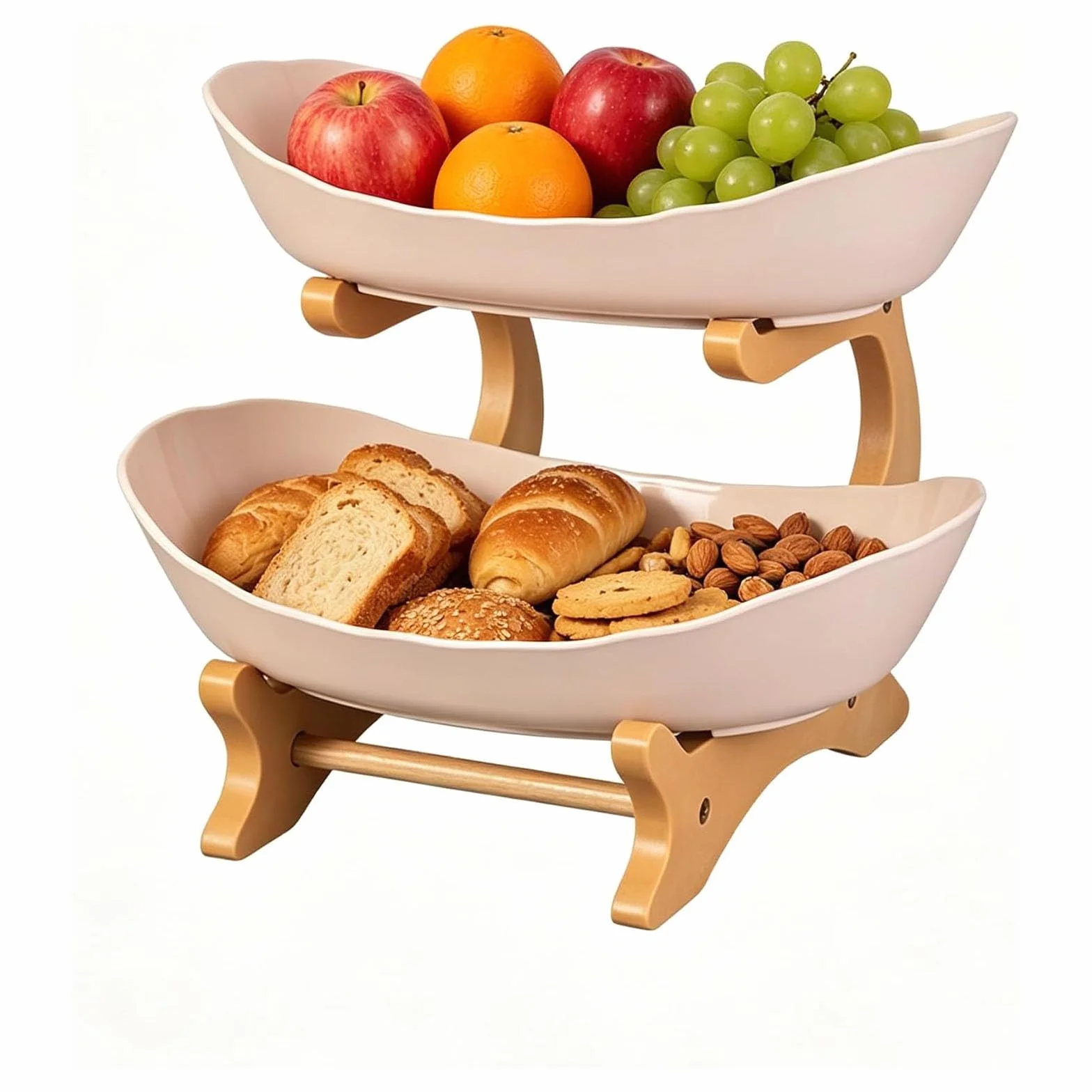 Cesta de frutas de bambú, cuenco ovalado desmontable de 2 niveles, organizador de ahorro de espacio para encimera de cocina, diseño apilable para frutas y verduras del hogar, almacenamiento de cocina