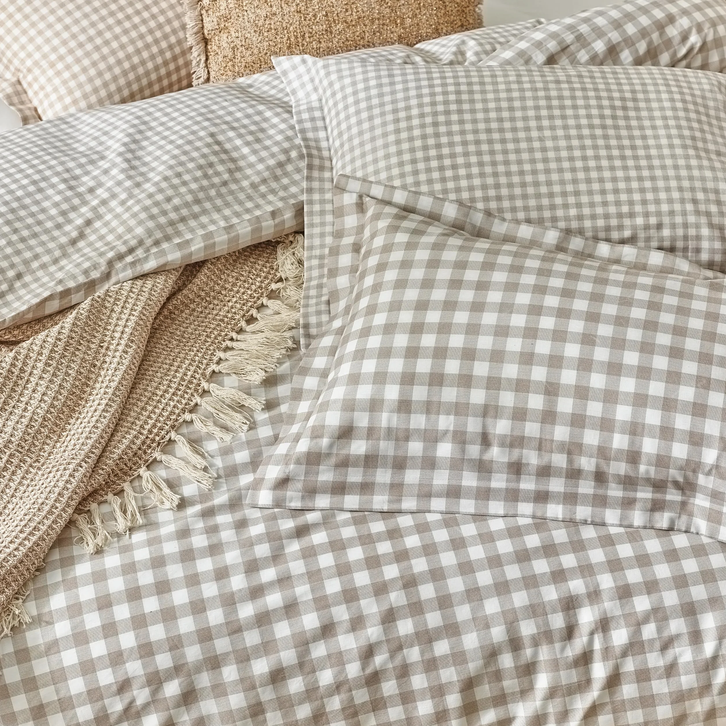 Yard Barton Cuadro Vichy Juego De Funda Nórdica – 100% Algodón Reversible Fundas De Almohada Oxford Suave Y Transpirable Ropa De Cama Premium (Natural – King – 230x220cm)