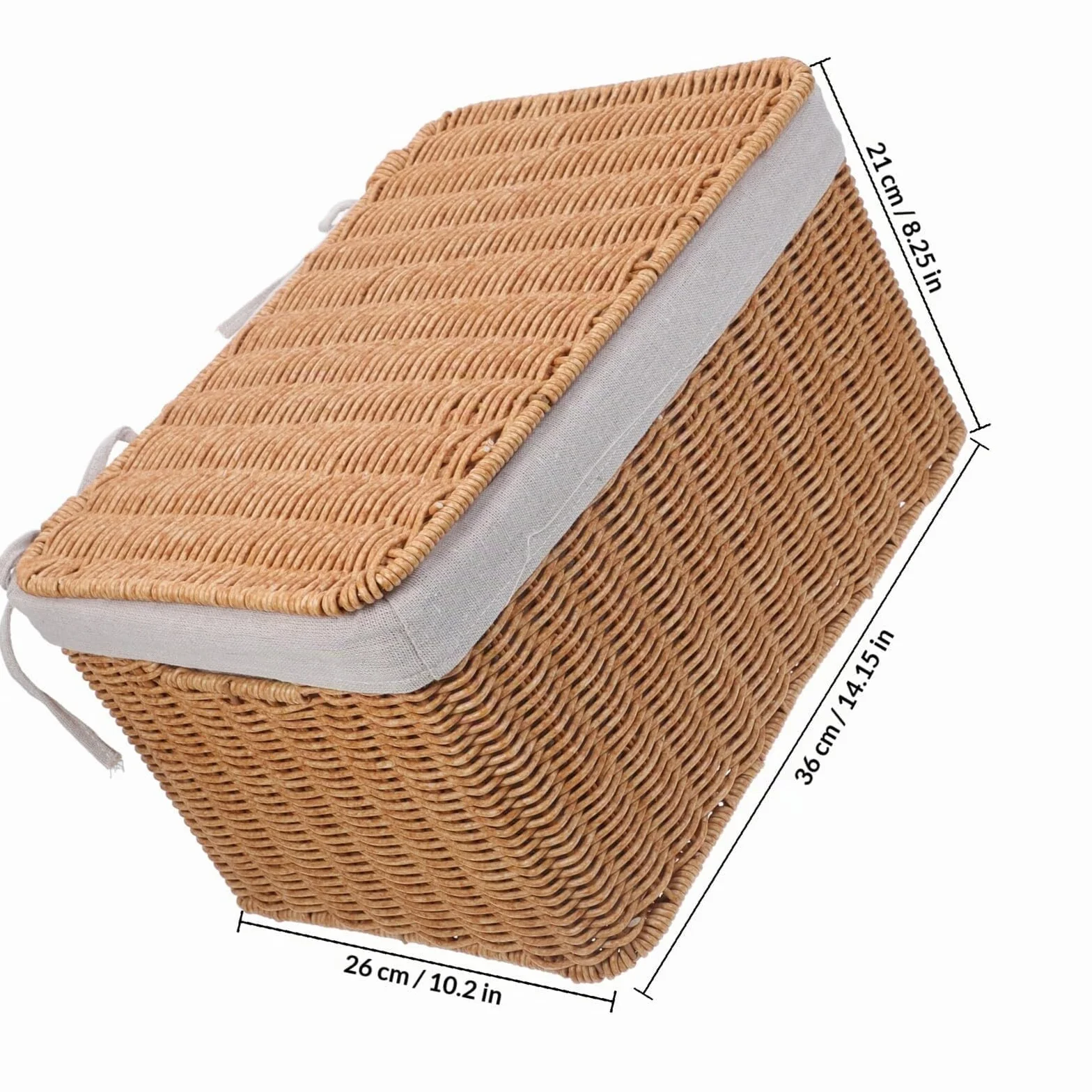Cesta Grande de Mimbre con Tapa y Forro, Cesta de Almacenamiento Rectangular con Asas Dobles para Ropa, Libros y Organización en Hogar, Cocina y Baño (36x26x21 Cm)