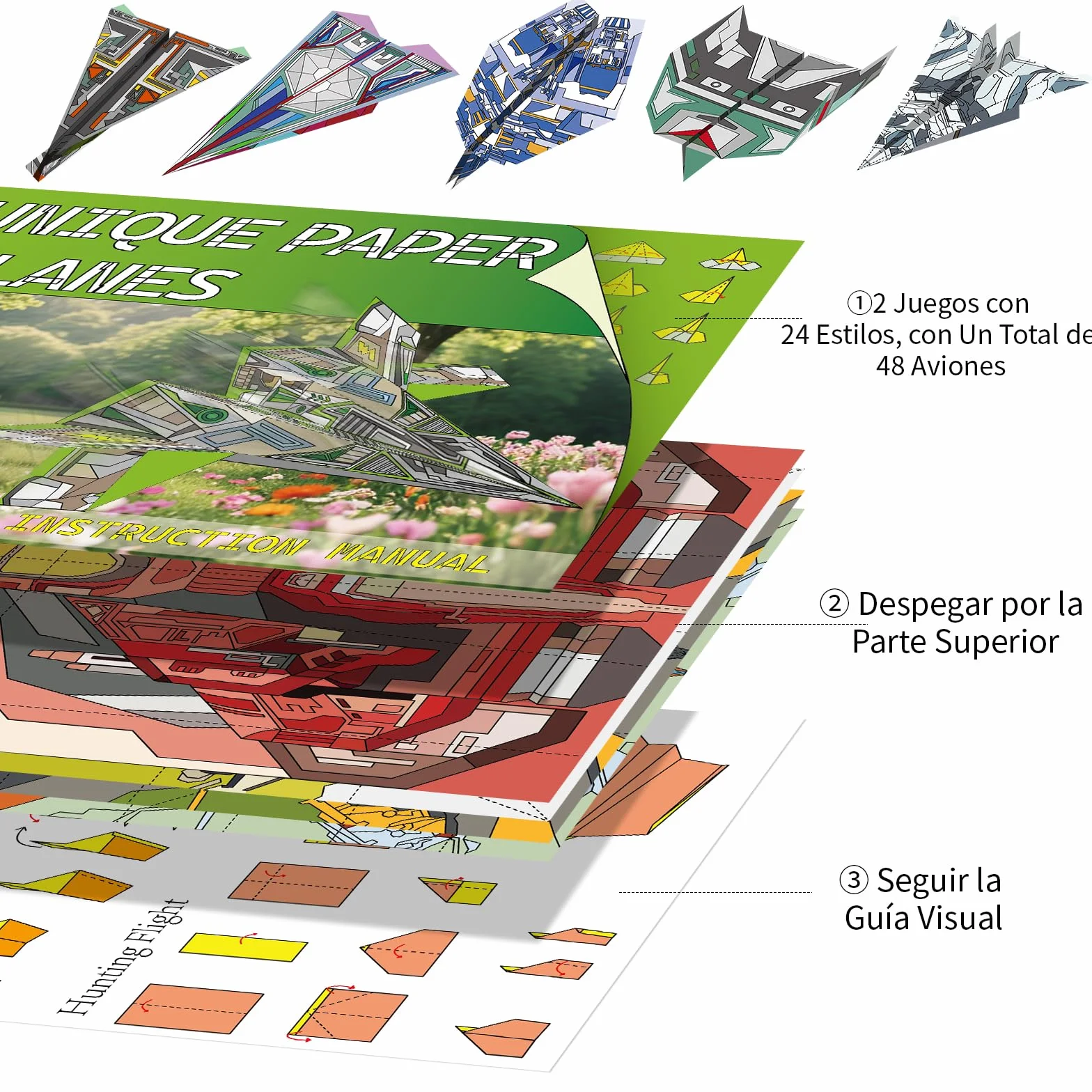 Elfew 48 Hojas Aviones Origami para Niños, Papel Origami Avion Juguete, Papiroflexia Manualidades