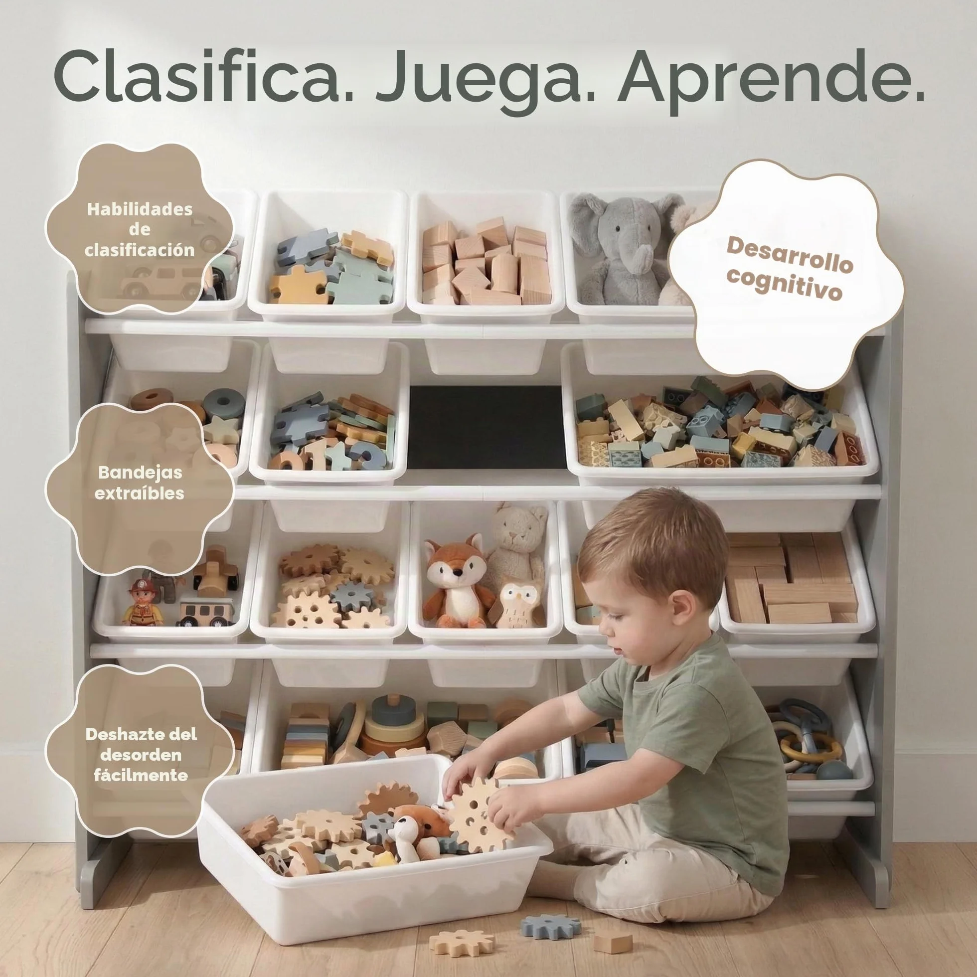 Humble Crew estantería Infantil Gris/Blanco: 16 Cajas Almacenamiento, Madera, Organiza Juguetes, Segura, Moderna, fácil Montaje
