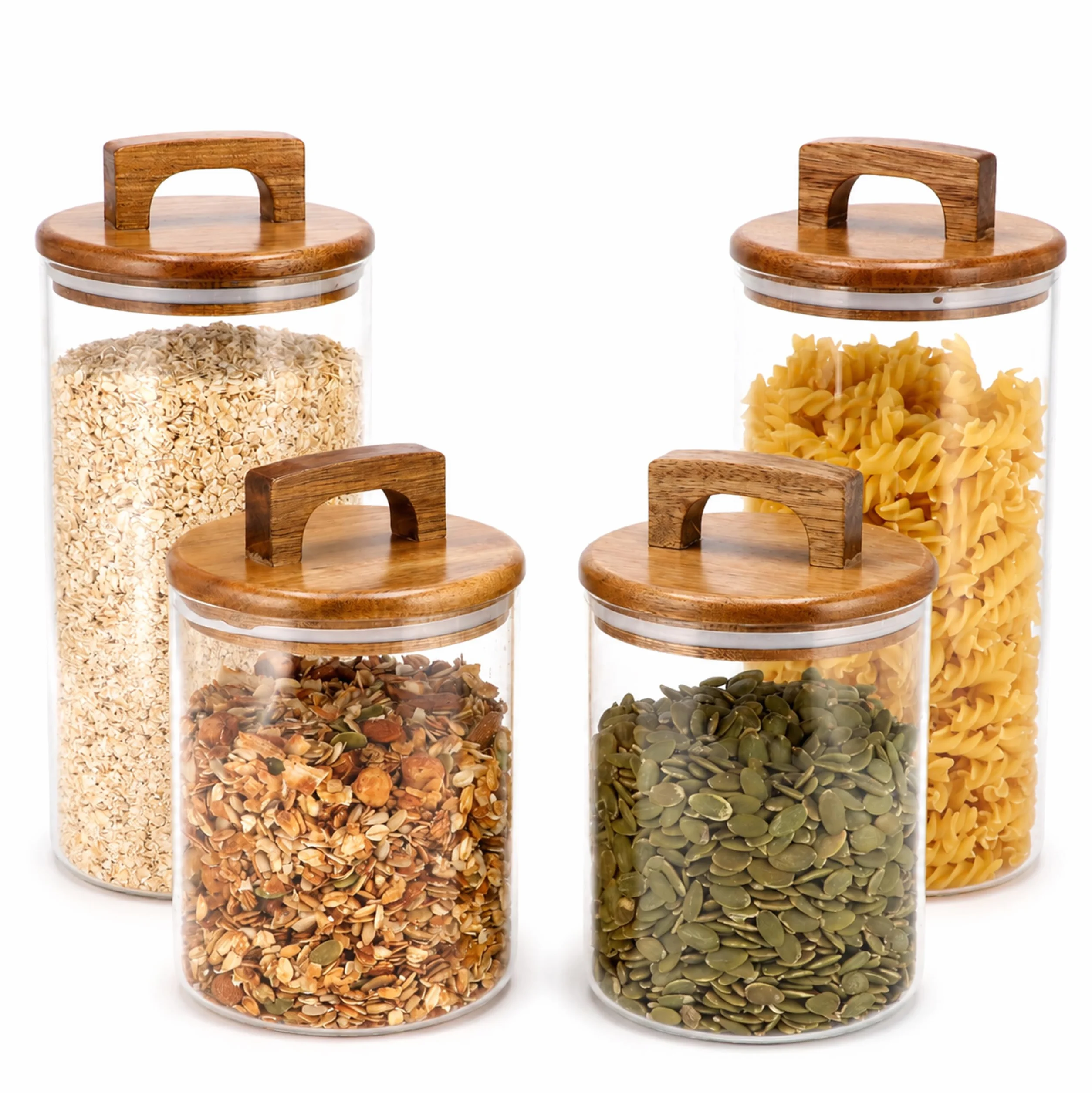 Botes cristal con tapa hermética de acacia – Juego de 4 recipientes de cristal para alimentos 1000 ml & 1600 ml – Tarros de cristal con tapa - Botes cocina almacenaje