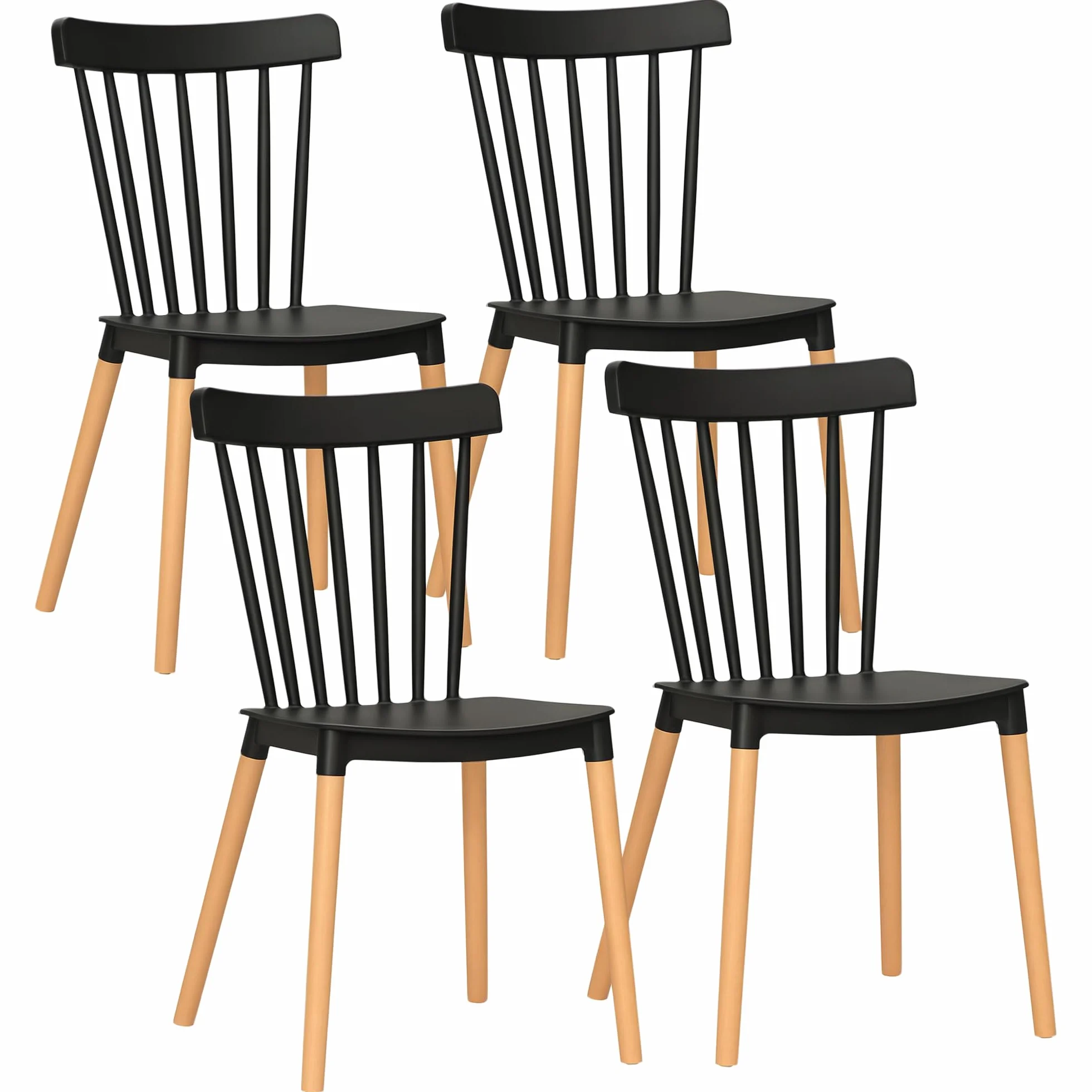 HOMCOM Juego de 4 Sillas de Comedor Estilo Nórdico Sillas de Cocina con Respaldo Alto Asiento de Polipropileno y Patas de Madera de Haya Carga 120 kg 48x52,5x83 cm Negro