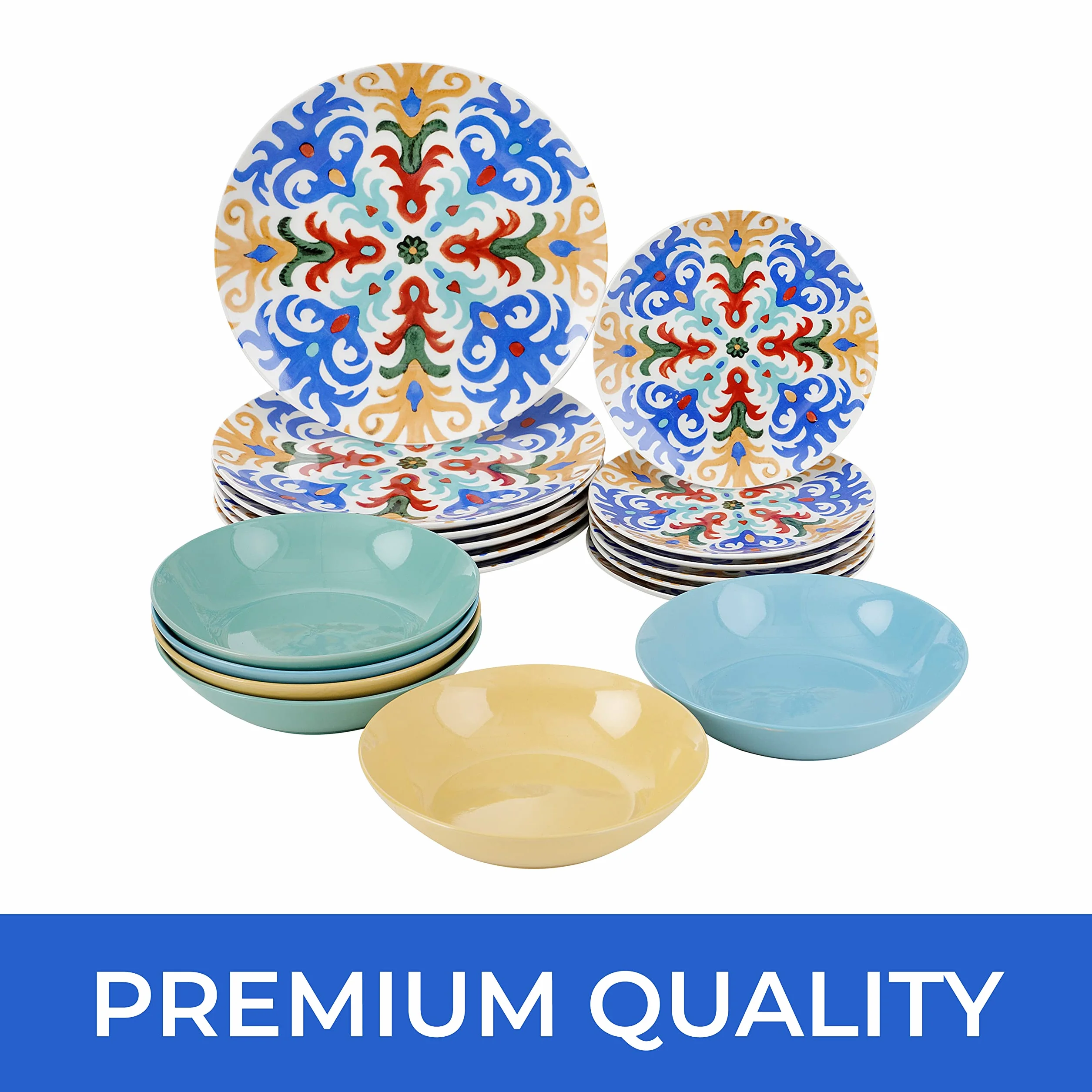 Baroni Home Juego de 18 Platos de porcelana y gres, Vajilla para 6 personas, Set Completo, Conjunto de Platos planos, hondos y platillos para postre, Fantasía Sorrento