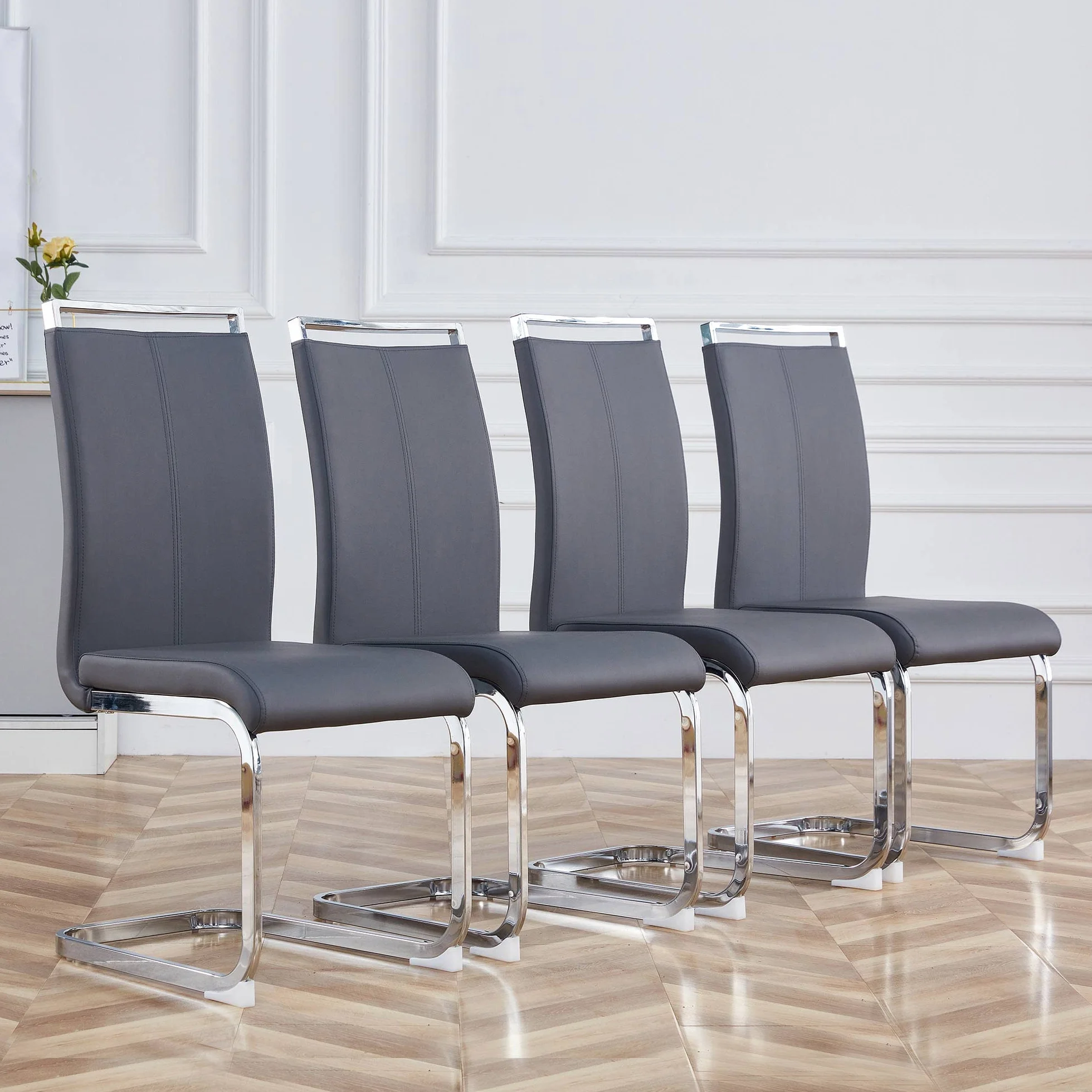 Merax Juego de 4 sillas de Comedor con Piel sintética de Poliuretano y Respaldo Alto, Estructura de Metal Cromado, Silla de Cocina Moderna, Silla tapizada para salón, Sala de conferencias, Gris