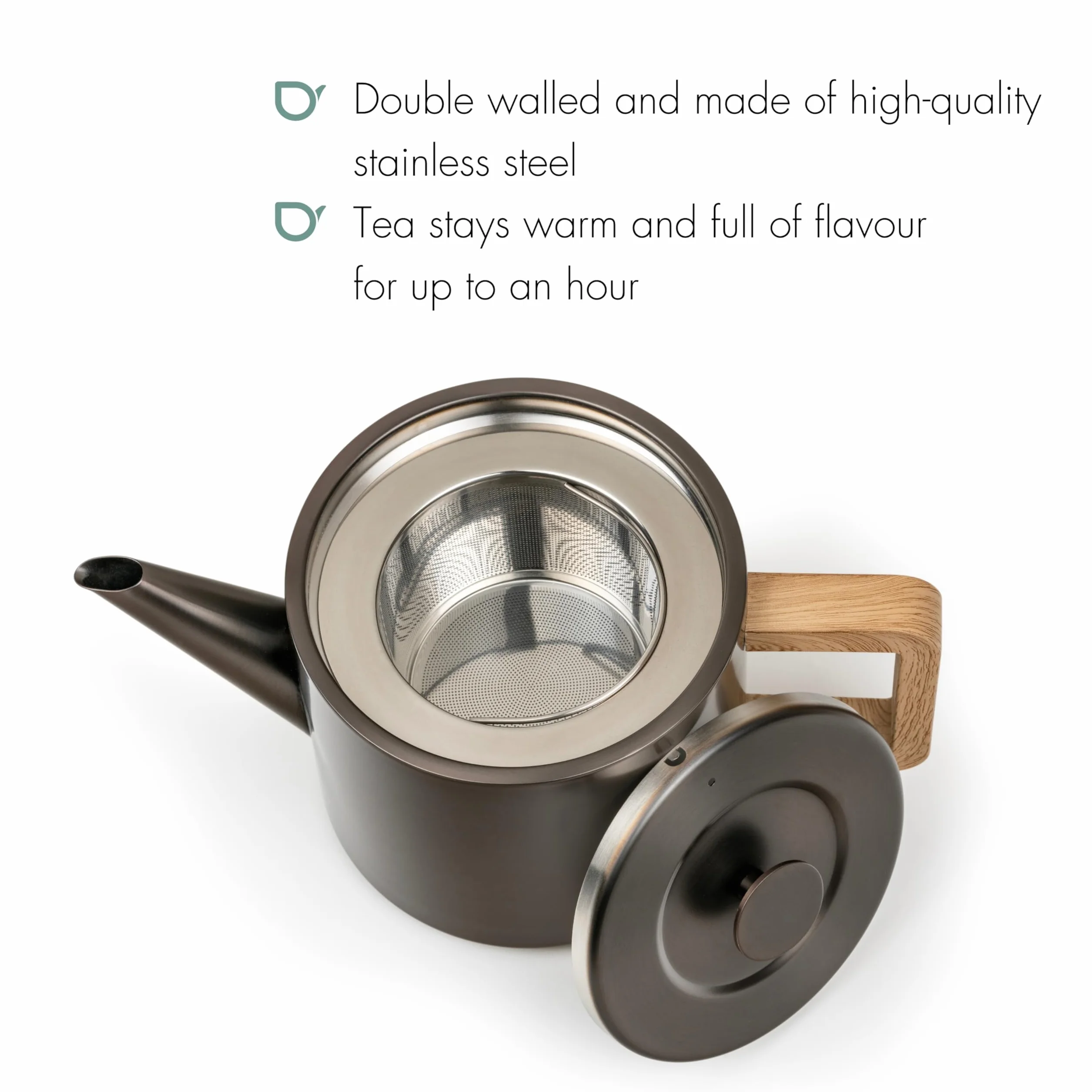 Bredemeijer Pequeña tetera de acero inoxidable de 1,1 litros, doble pared, color gris metalizado con filtro de té, para disfrutar del té durante más tiempo