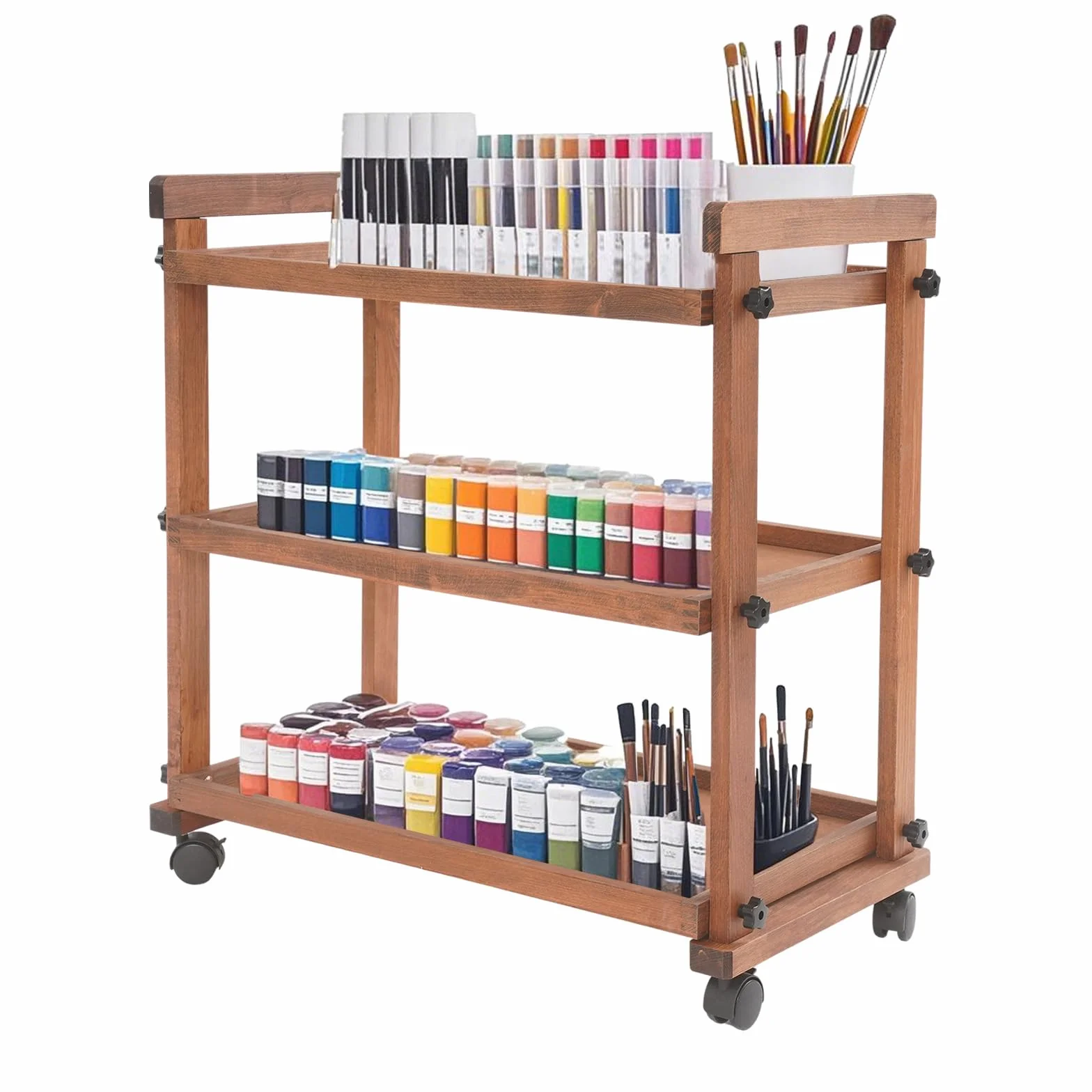 Moderno carrito de pintura de madera de 3 pisos, carrito de almacenamiento multifuncional con bandeja de trabajo y bordes de seguridad, el práctico carrito para colores y accesorios en dos