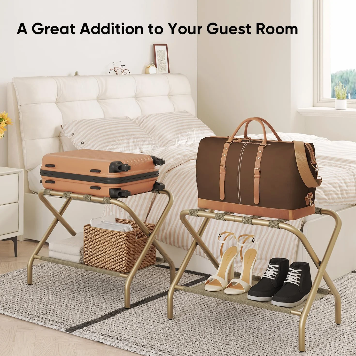 Smart FENDEE - Portaequipajes para habitación de invitados, soporte plano plegable con estante de tela, soporte de equipaje portátil de acero, recámara, hotel, fácil montaje, soporta hasta 100 libras,
