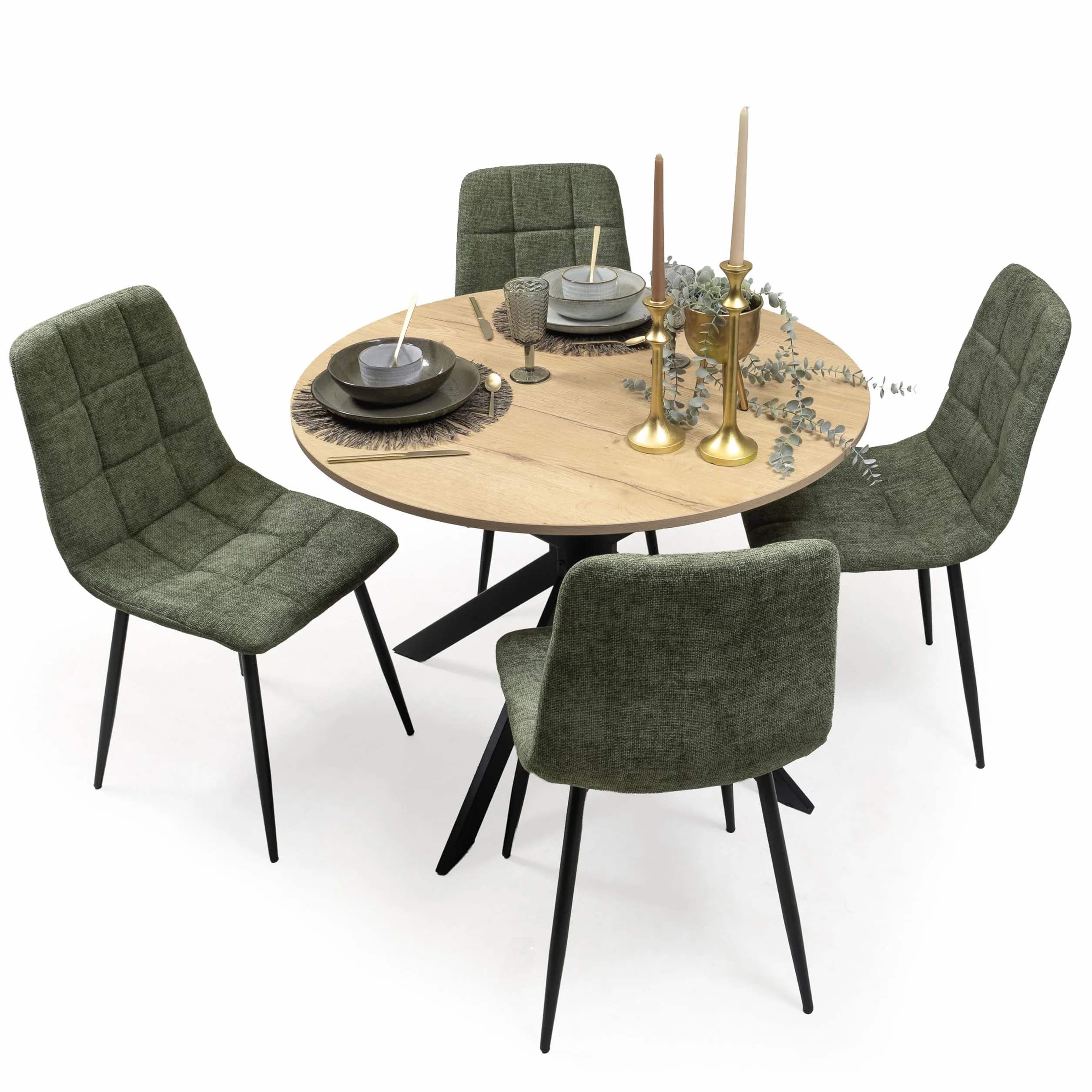 Homely® | Pack Comedor Moderno Core con Mesa Redonda 100 cm. Tapa Artisan y 4 Sillas Tapizadas Acolchadas Color Verde Musgo | Conjunto Mesa Comedor Estilo Nórdico Industrial | Cocina y Salón