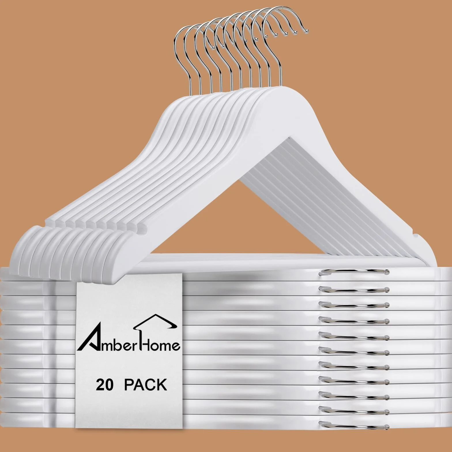 Amber Home 20 Unidades 44,5cm Perchas de Madera Blanco, Robusta y Brillante Percha para Camisetas Camisas Trajes Abrigos Vestidos Tirantes Bodas, con Varilla y Ranuras | 44,5 cm, barra antideslizante para pantalones, muescas en los hombros, perchas para c