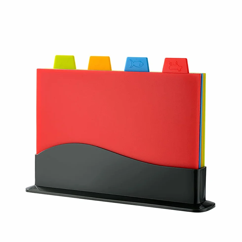 Juego de 4 tablas de cortar de plástico extragruesas codificadas por colores con soporte de almacenamiento