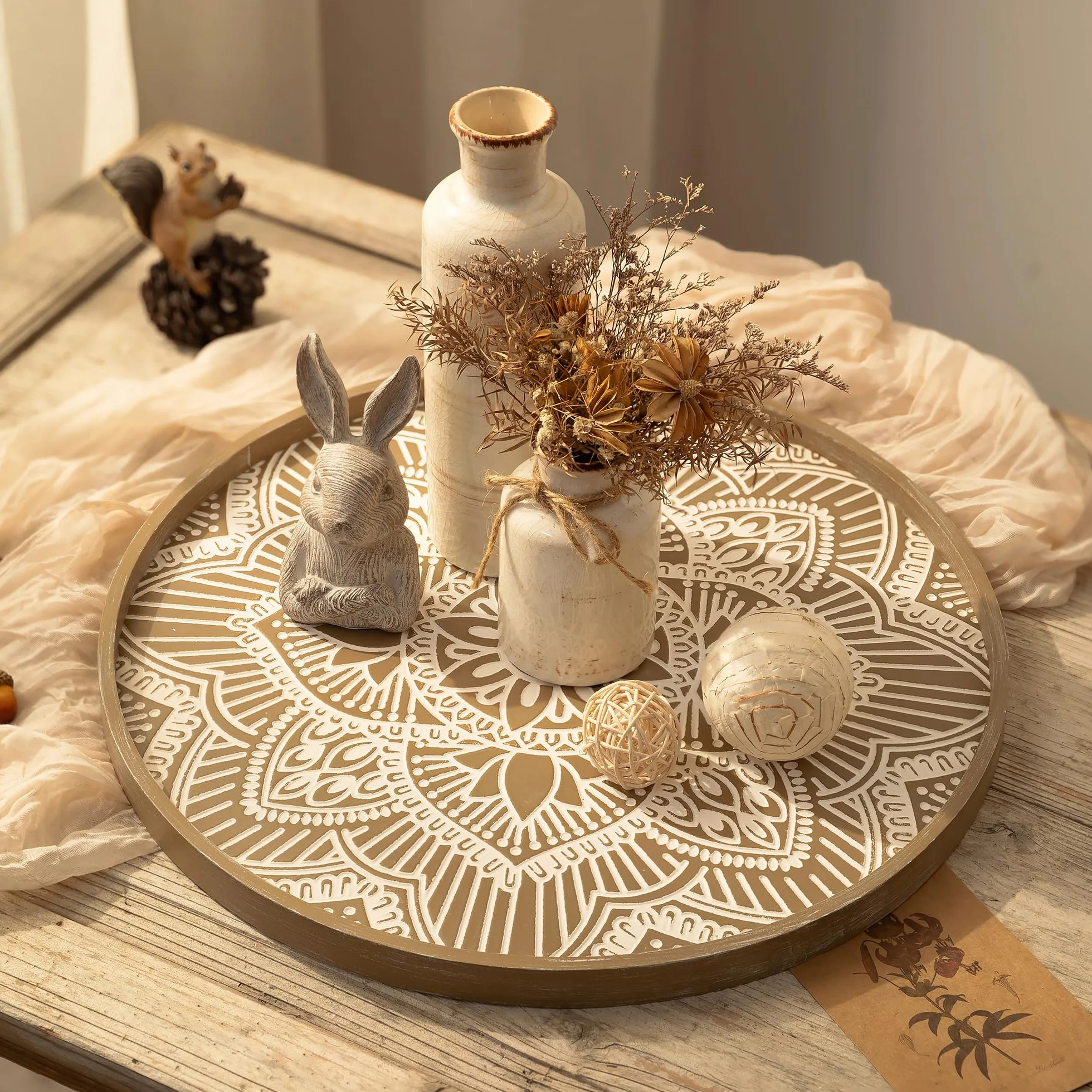 Hanobe Bandeja decorativa redonda grande de madera: Hanobe - Bandeja rústica para mesa de café, decoración de granja, centro de mesa marrón, bandeja redondeada para encimera de cocina, bandeja otomana