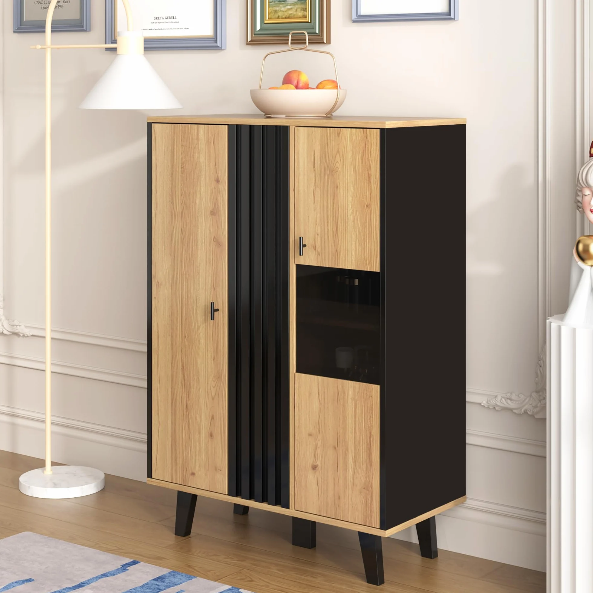 KAZZIO Armarios auxiliares, aparador, vitrinas con cristal e iluminación LED. Contiene laminados, una combinación de colores negro y madera, diseño único de rayas de madera negra