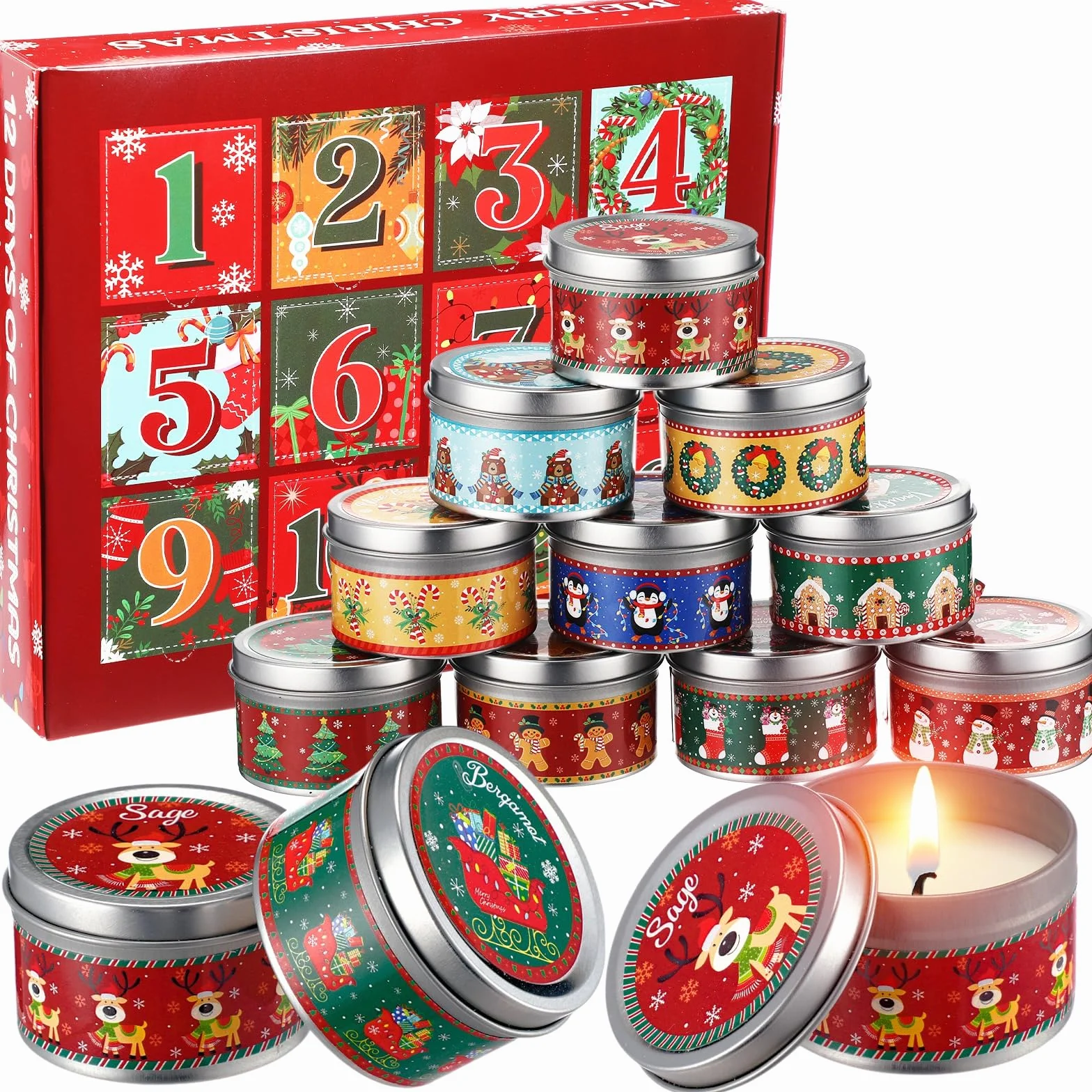 Conelist Juego de 12 velas perfumadas de Navidad de 12 días, calendario de Adviento, velas de cera de soja de 2.5 onzas, regalo de Navidad, regalo de cumpleaños para mujeres, decoración de vacaciones