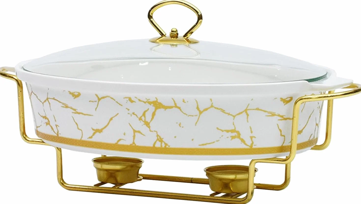 Elegante Juego De Calentadores De Cerámica, con Acabado De Mármol, Tapas De Vidrio Y Detalles Dorados, Vajilla Duradera para Fiestas Y Eventos Gastronómicos. 2L