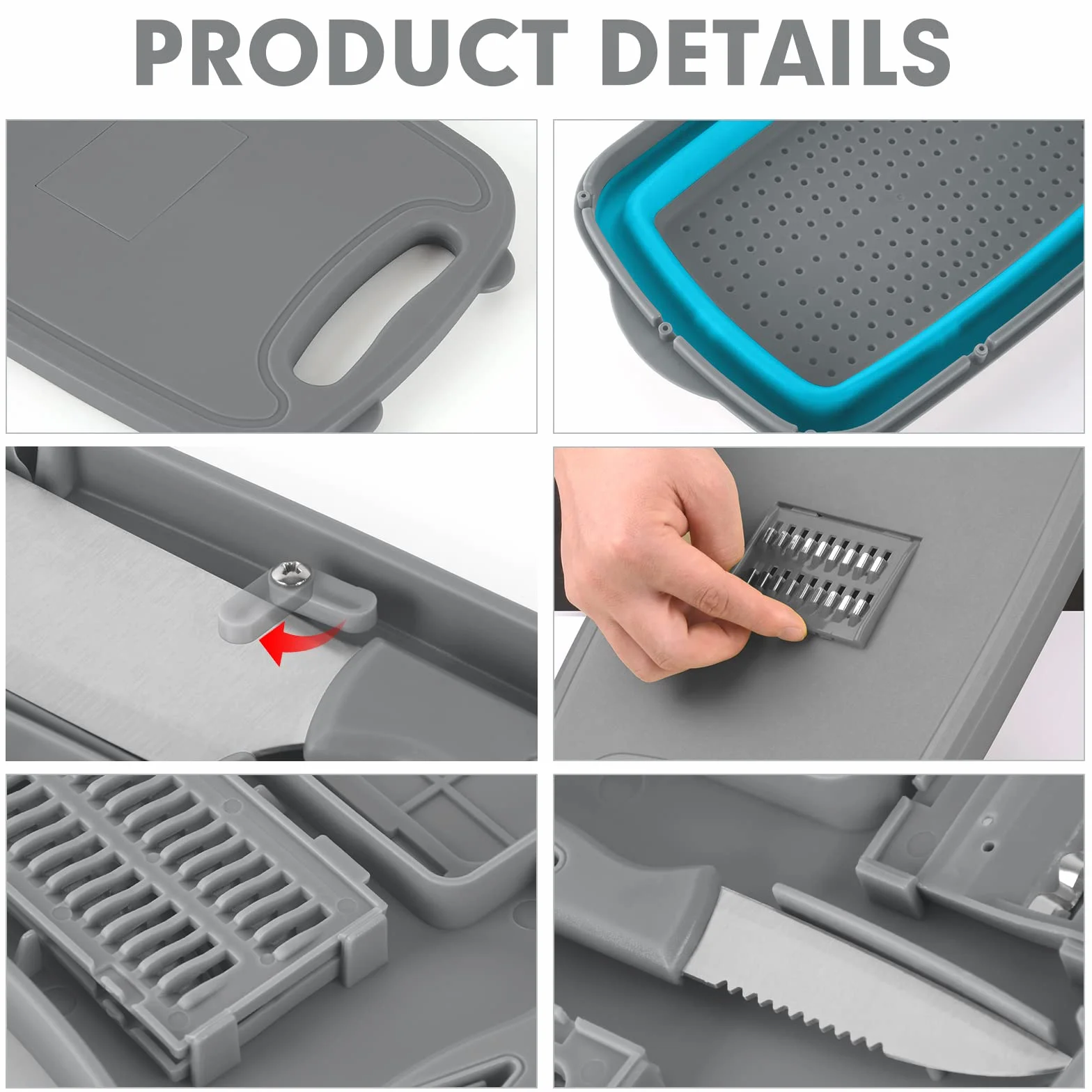 NINGER Tabla de cortar multifunción 9 en 1 plegable para cocina con cortadores y cuchillos