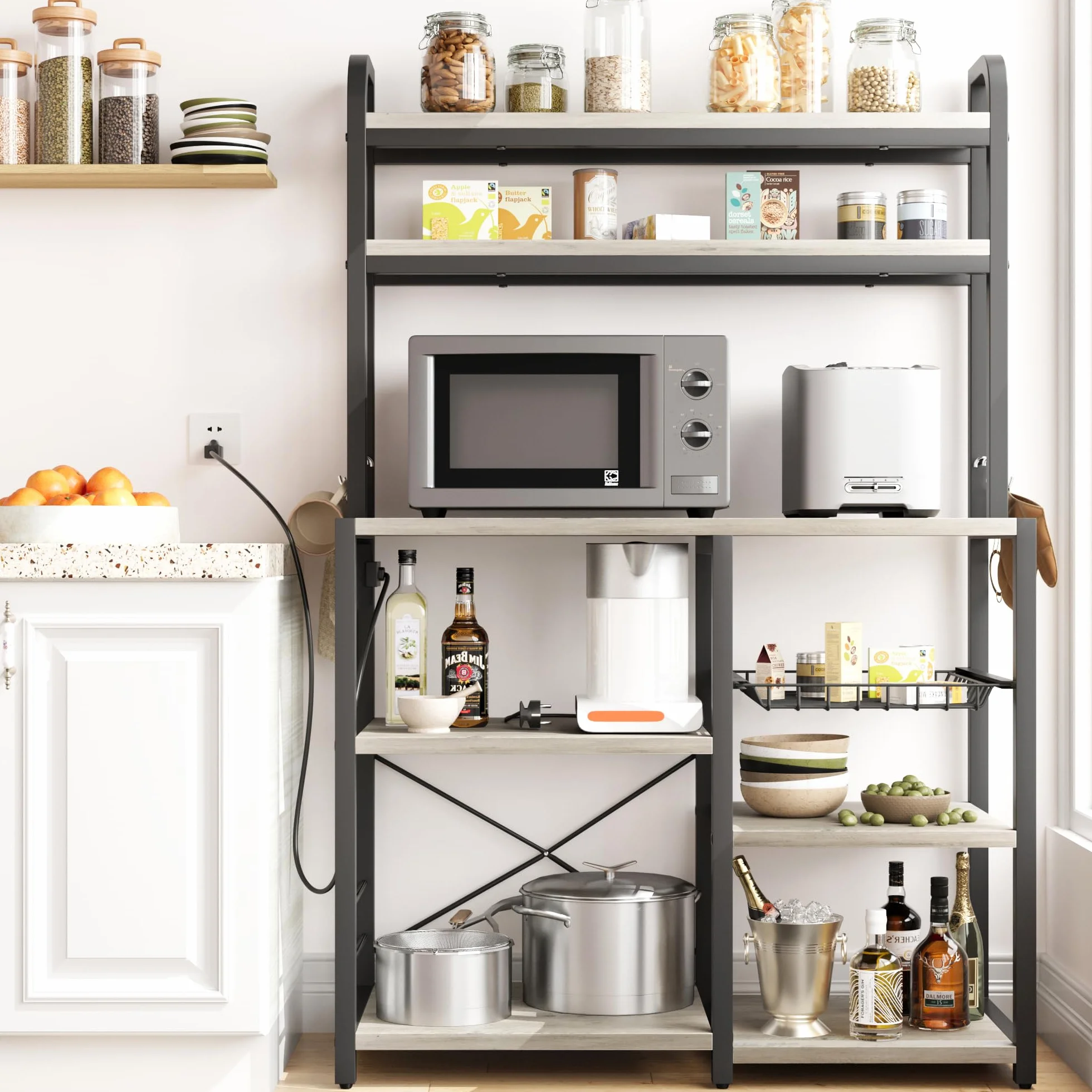 Zstar Soporte para Microondas, Estante De Cocina con Canasta De Alambre, Estante De Almacenamiento Independiente Grande De 6 Niveles para Cocina, Comedor y Sala De Estar