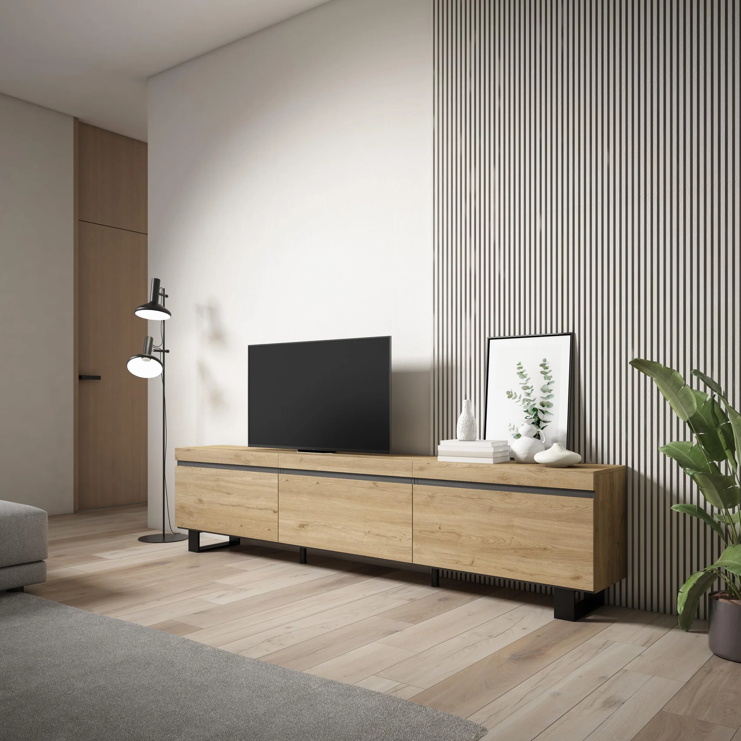 Skraut Home | Mueble TV | Televisión | Muebles de salón, almacenaje | 240x57x35 cm | Diseño Industrial | Estilo Moderno | Roble