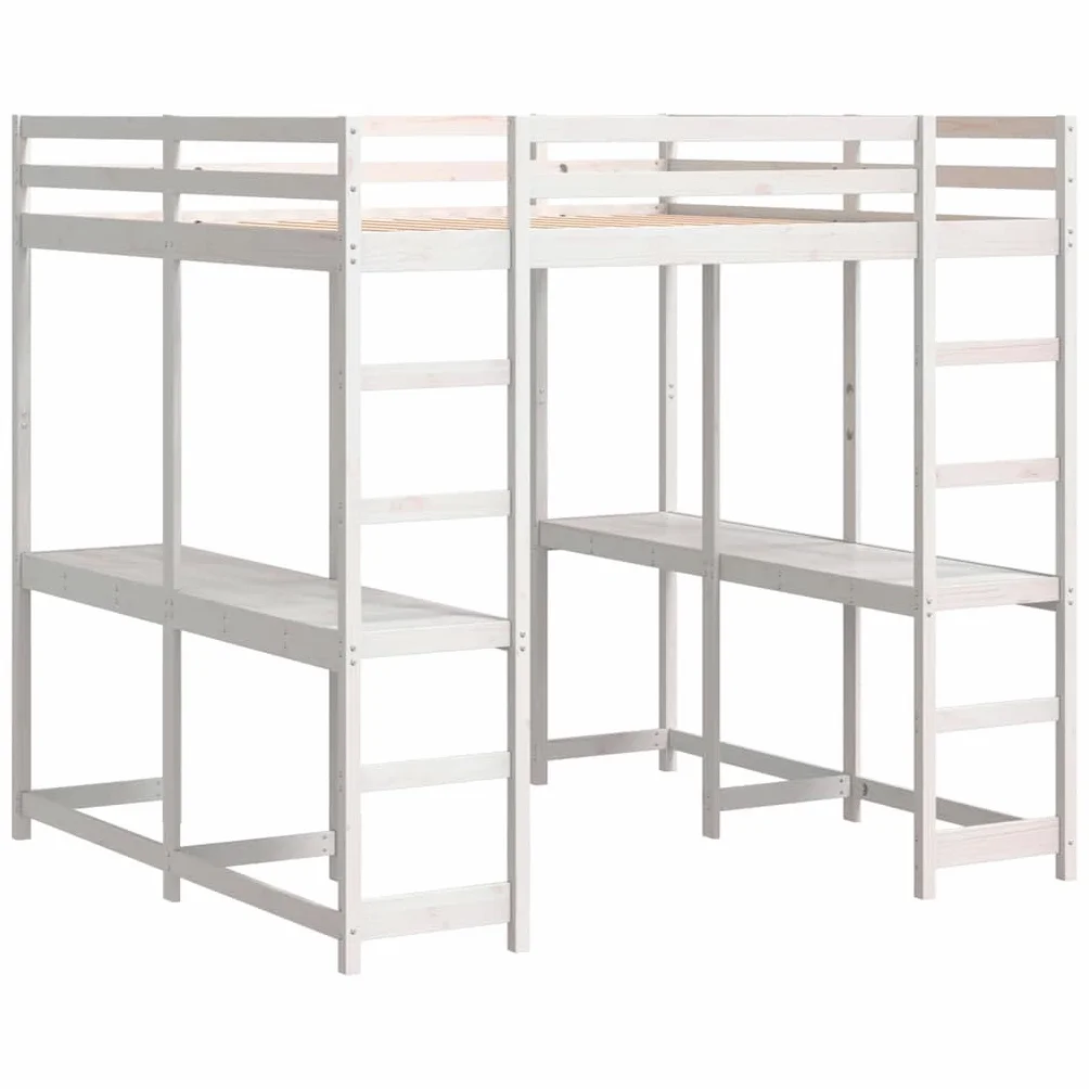 Cama alta con escritorio y escalera, marco de cama de pino blanco, 160 x 200 cm, cama de tamaño Queen robusta para niños y jóvenes, mueble que ahorra espacio